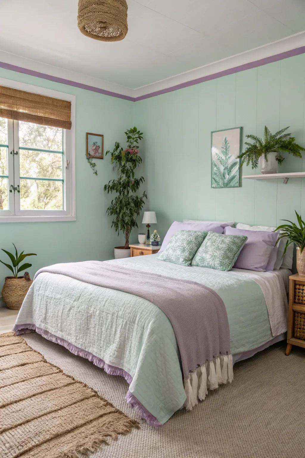 Refreshing and calming with mint walls and lavender trim.