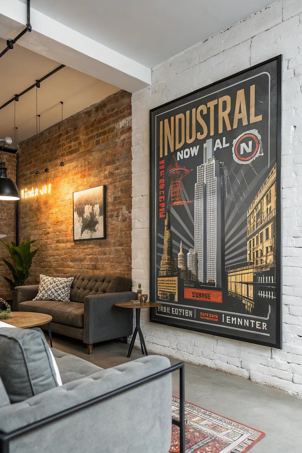 Industrial posters provide a modern edge.