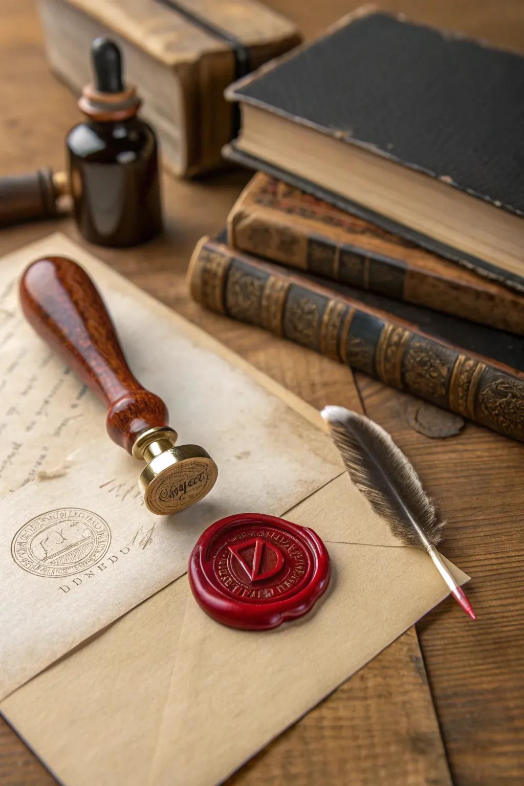 A signature wax seal, perfect for adding a personal and unique touch to your creations.