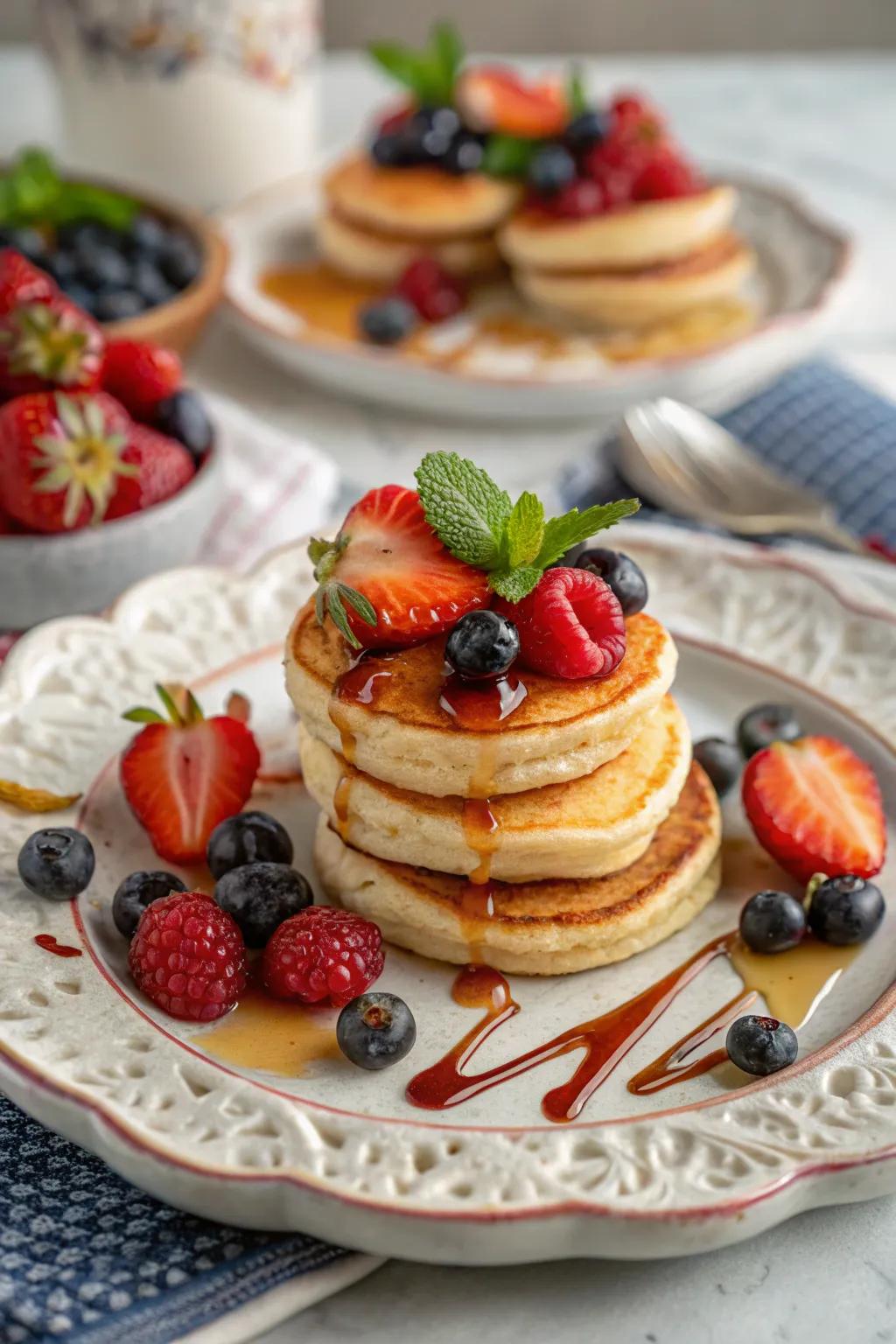 A tempting platter of mini pancakes garnished with fresh berries and syrup.