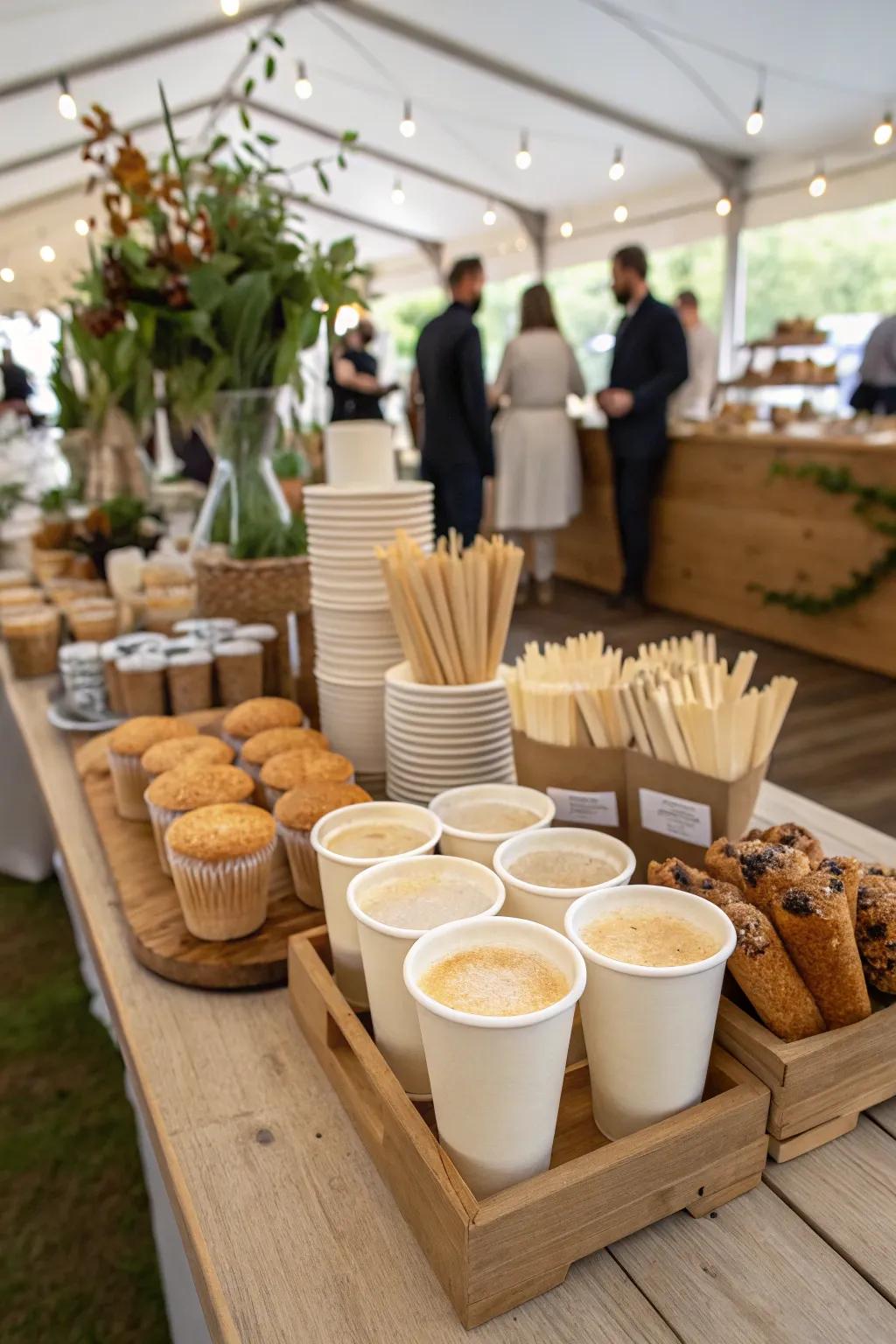 Eco-friendly serving options at a wedding coffee bar.