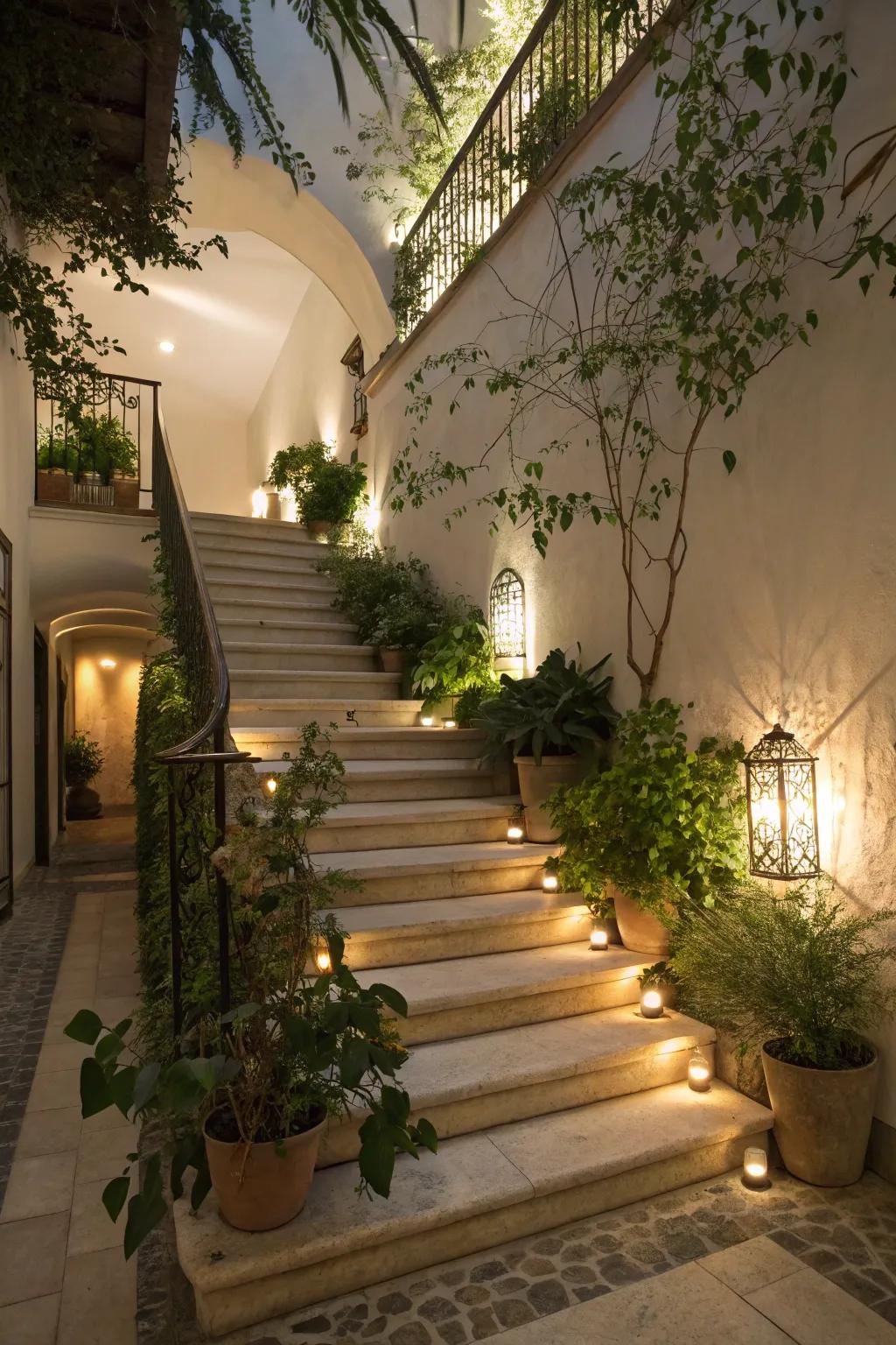 A garden pathway feel brings the freshness of the outdoors to this staircase.