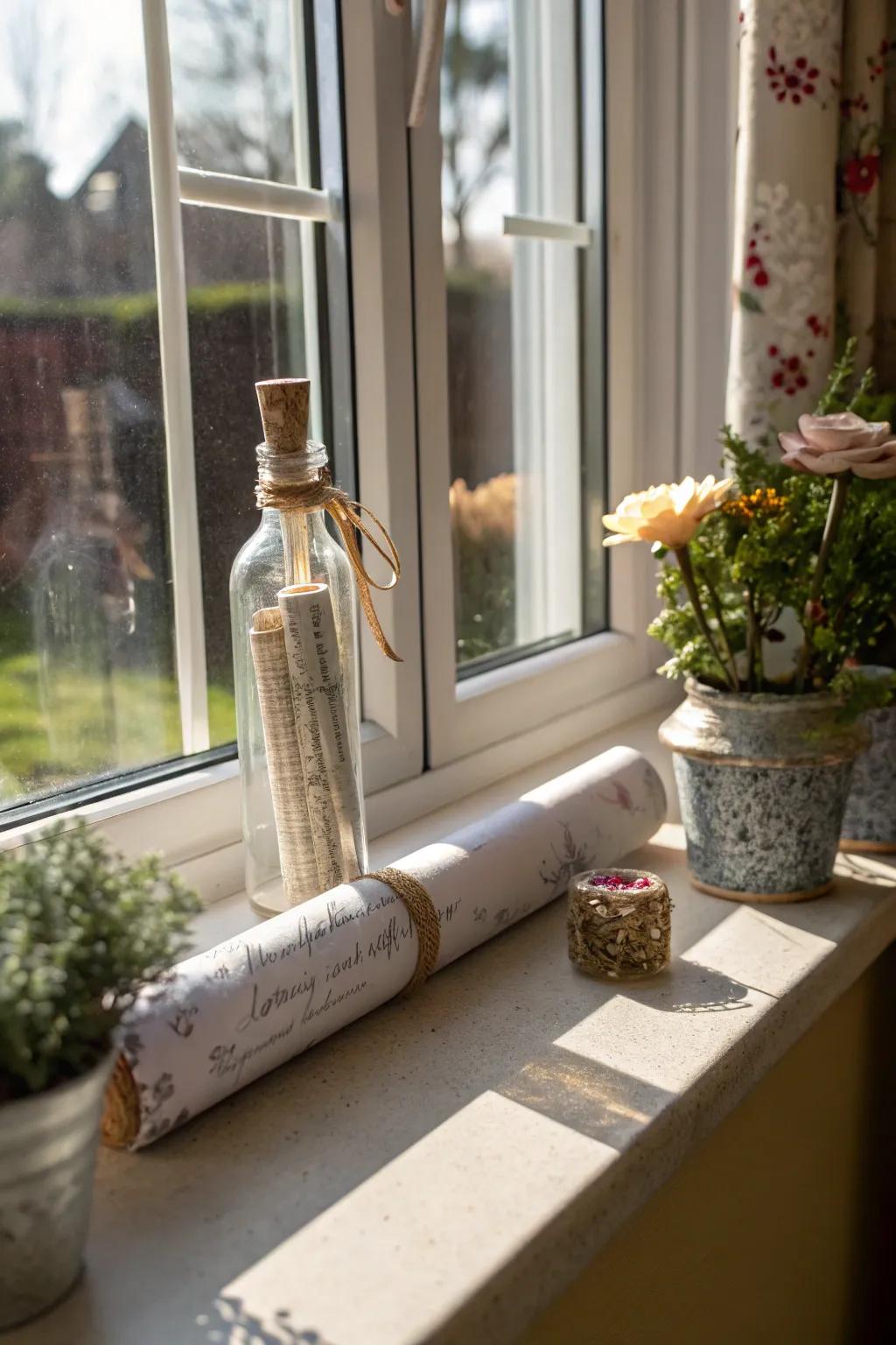 Whimsical vows in a bottle catching sunlight on a windowsill.