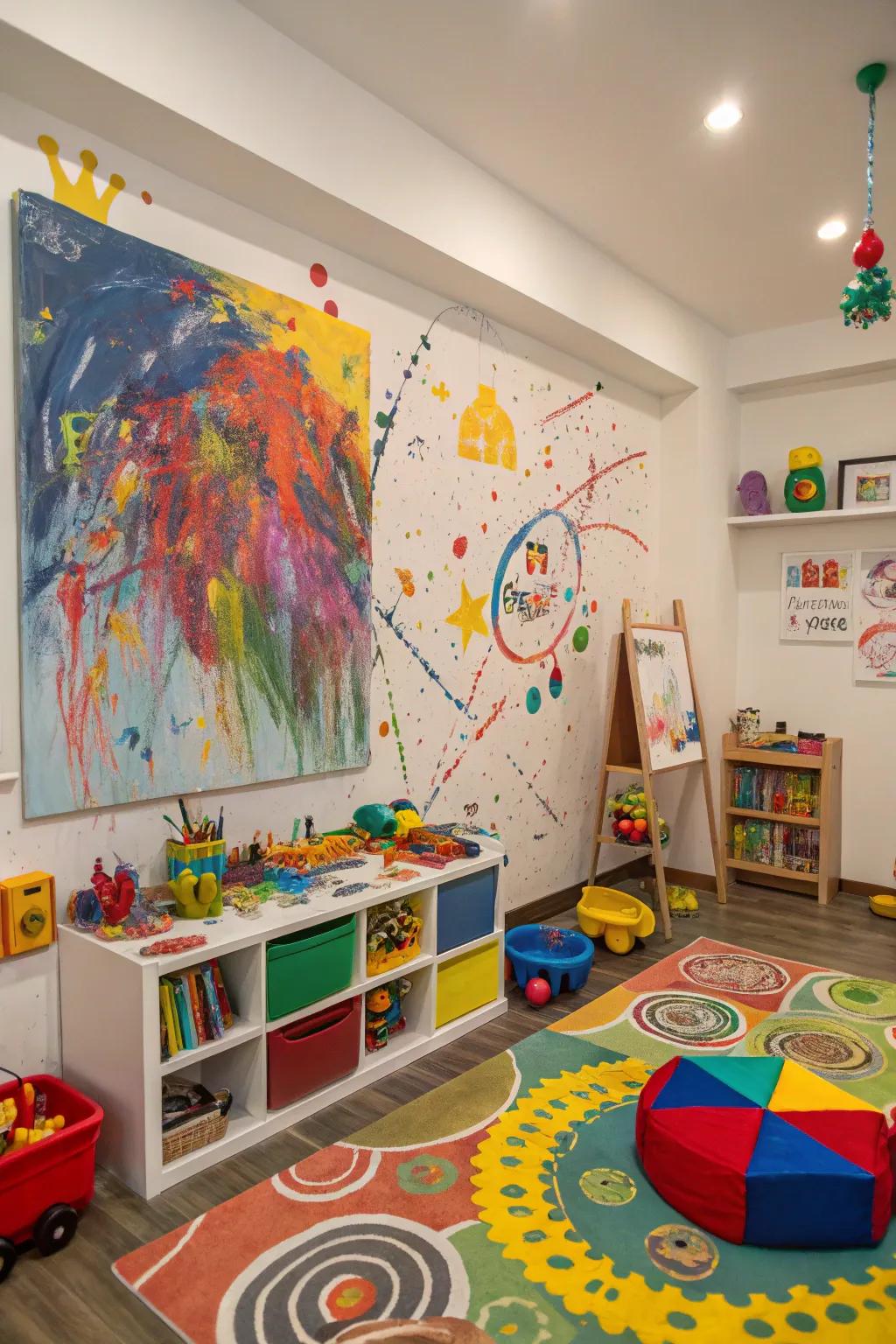 A colorful chaotic painting that energizes a lively playroom.