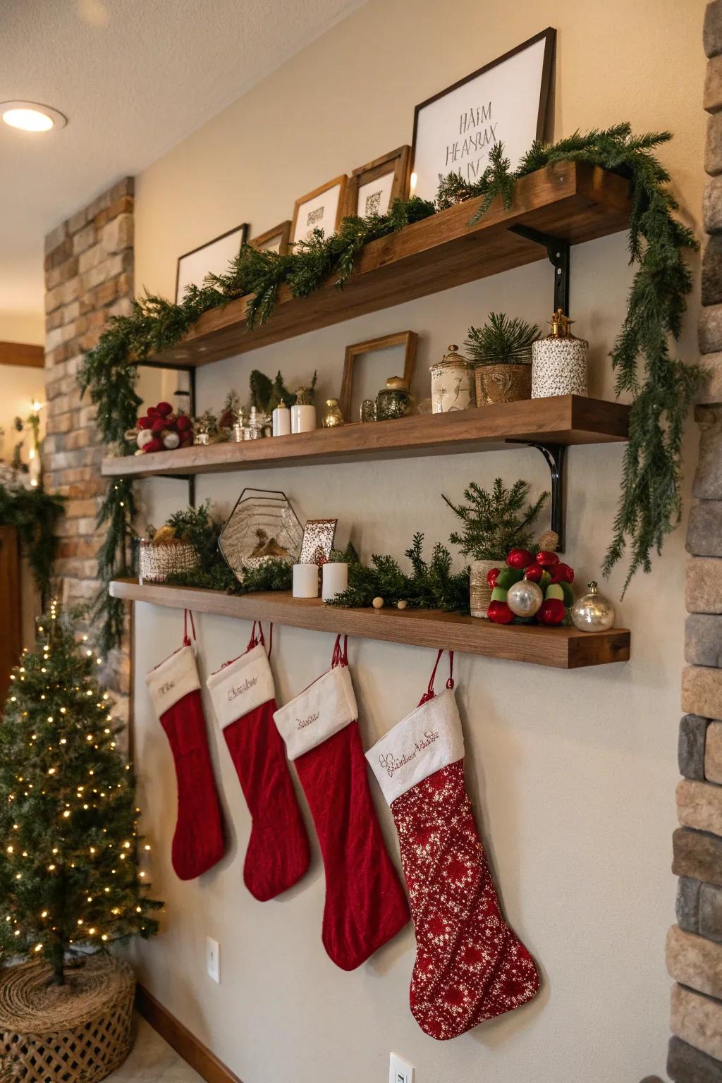 Floating shelves can be styled like mantles for stocking displays.