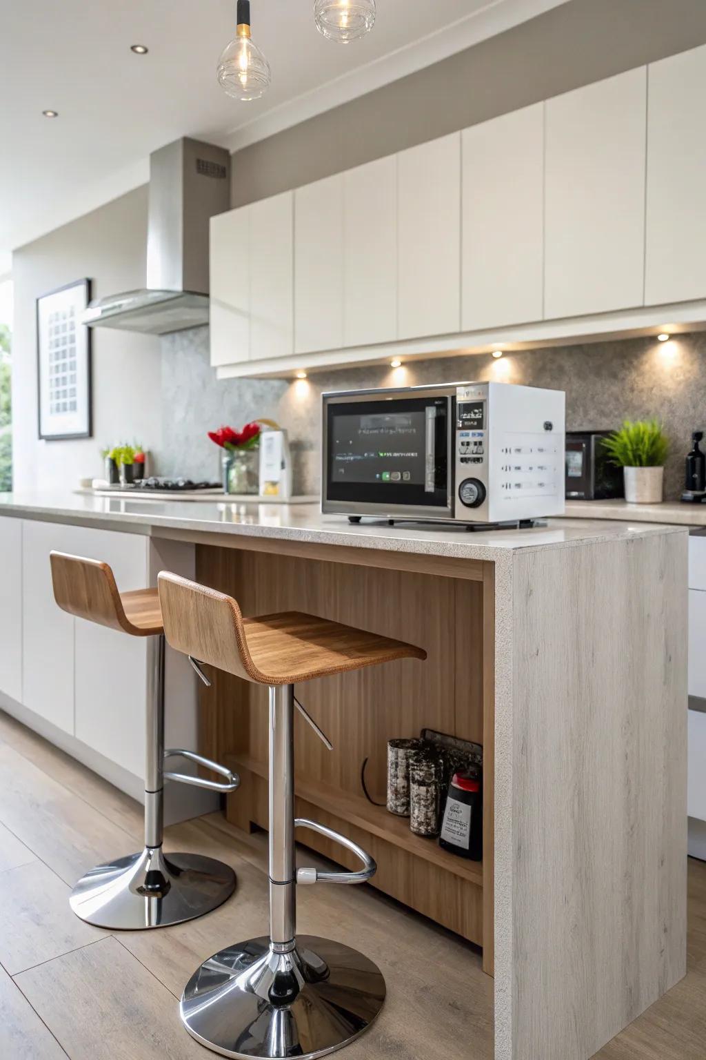 A breakfast bar microwave offers easy access and a touch of surprise.