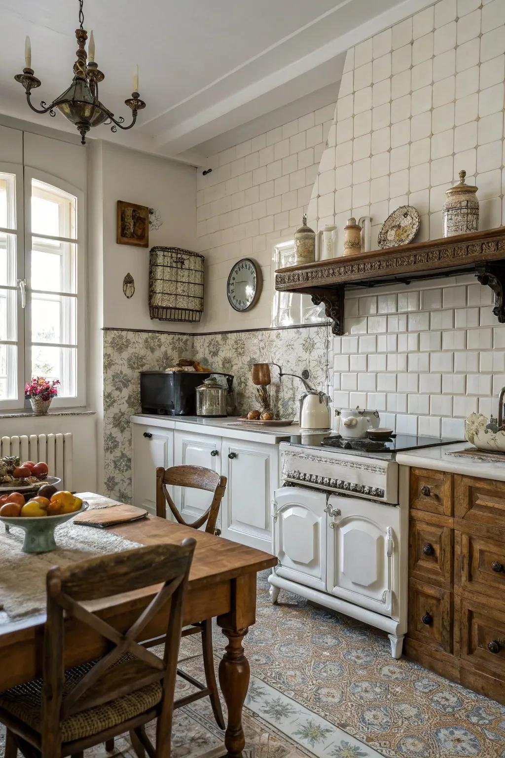 Beveled-edge tiles adding vintage charm.