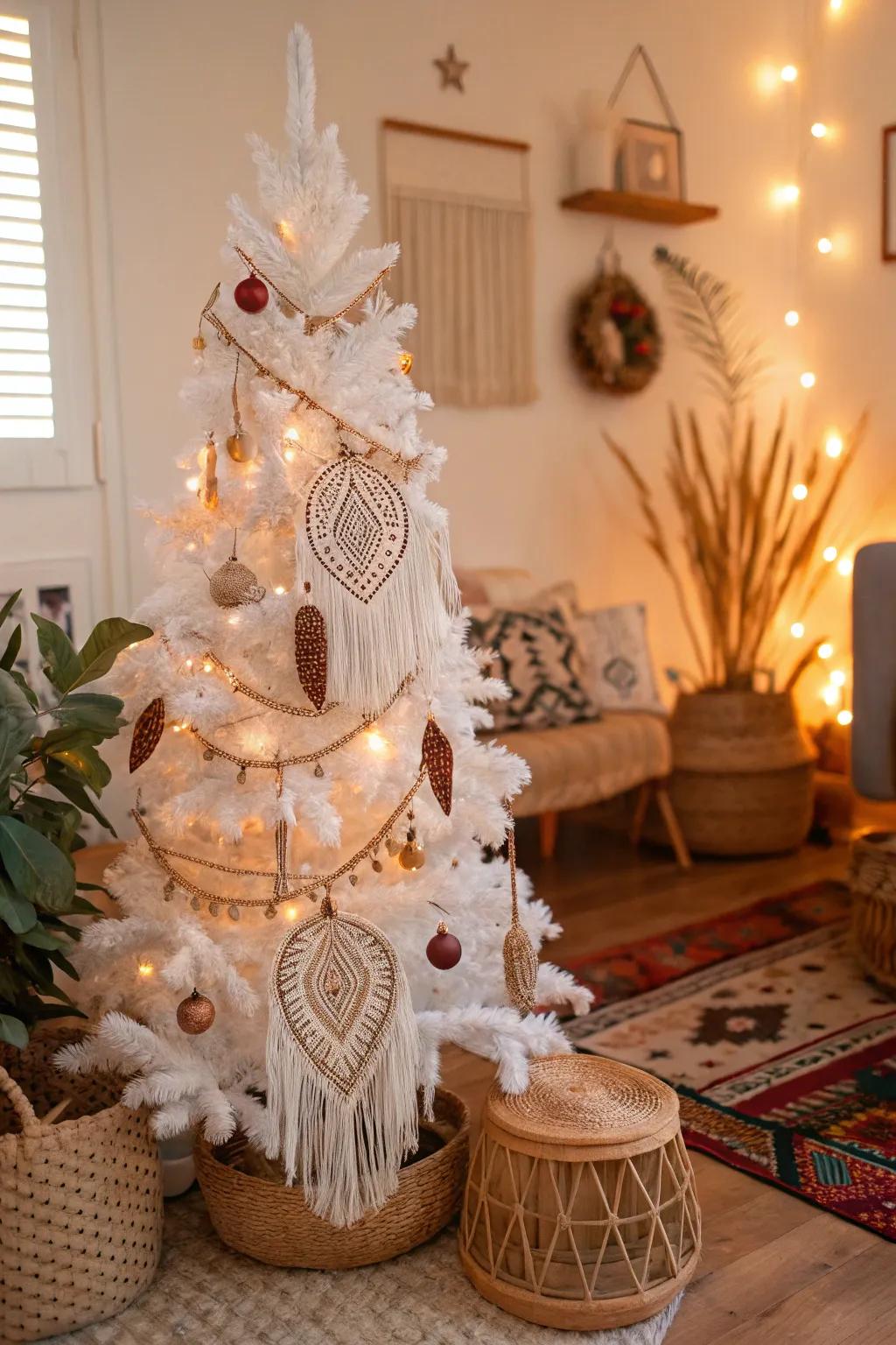 Chic bohemian tree with macramé and feather accents.