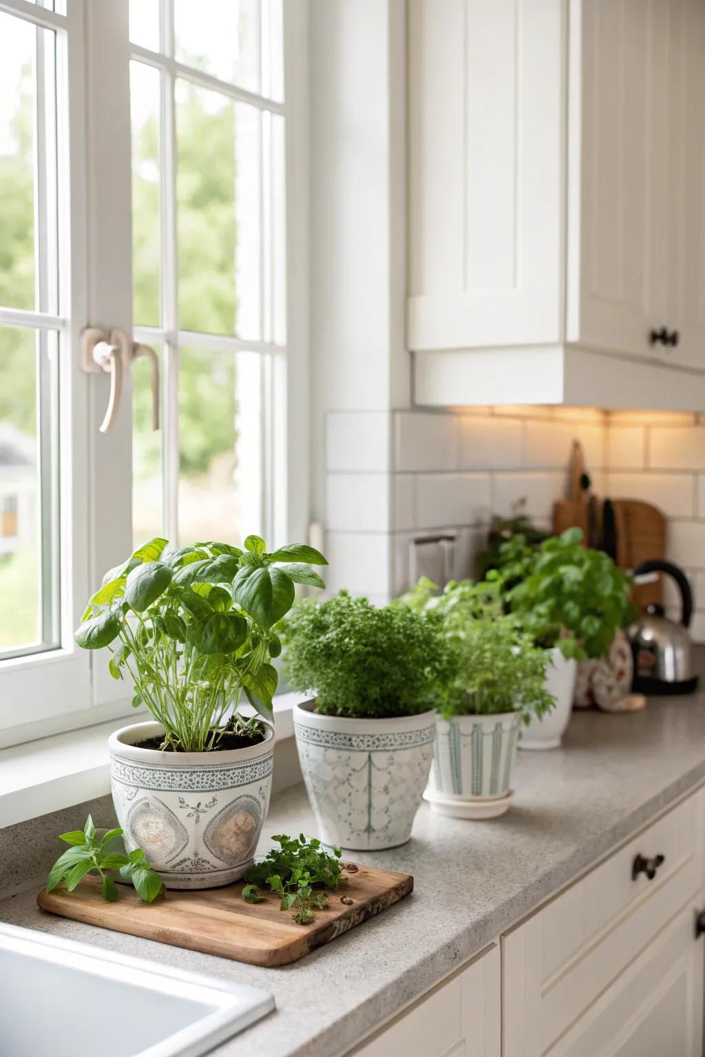 Greenery adds a fresh and vibrant element to the kitchen.