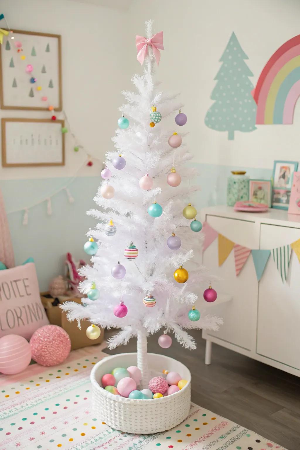 A playful pastel-themed white pencil tree with soft, gentle colors.