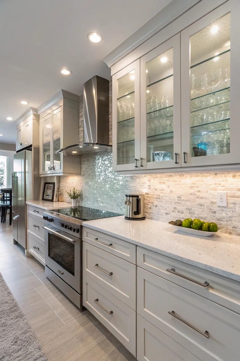 Elegant kitchen featuring a quartz backsplash with glass accents.