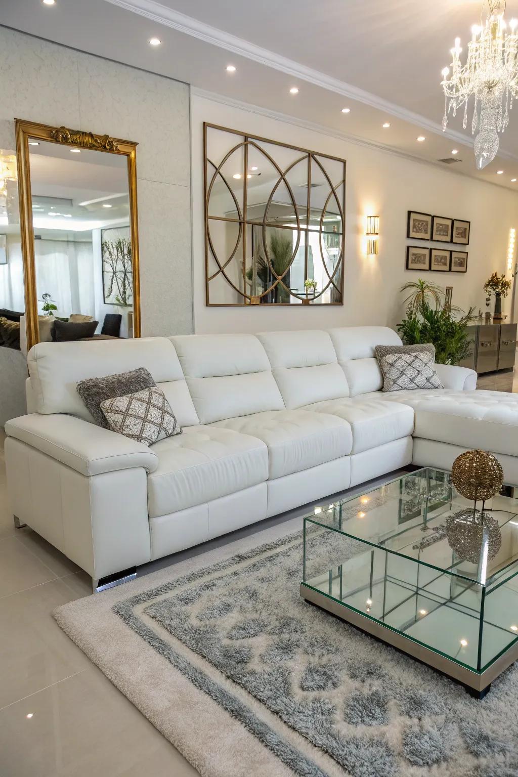 Reflective surfaces amplify brightness in a living room with a white sectional.