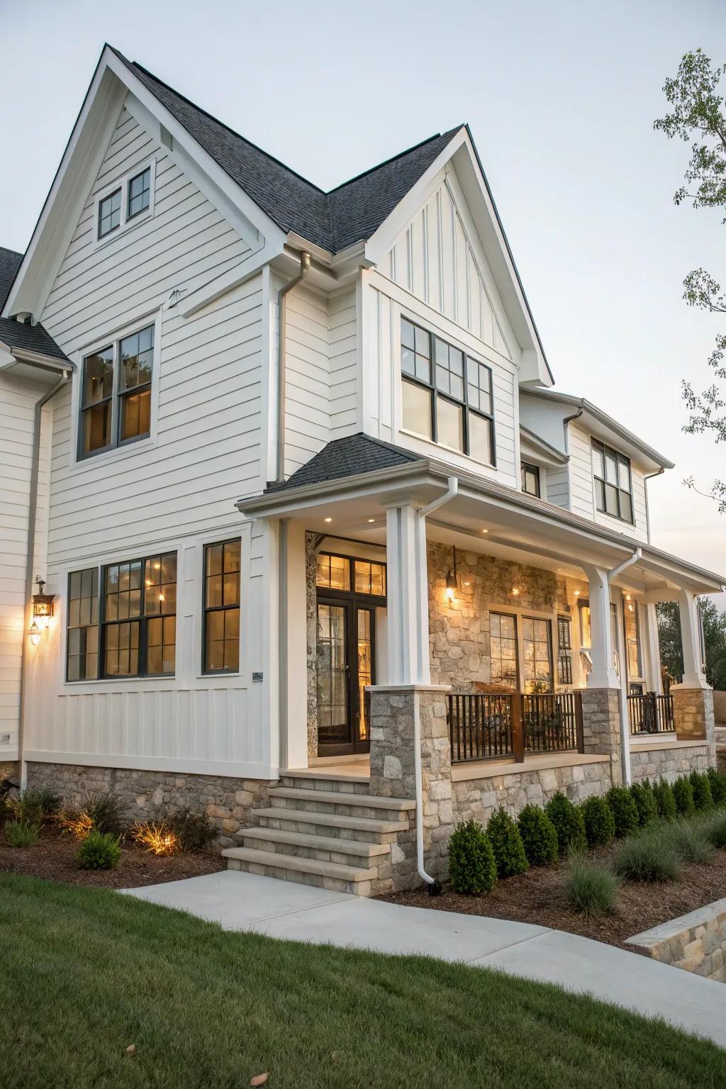 A house combining white vinyl siding with brick and stone for a textured appearance.