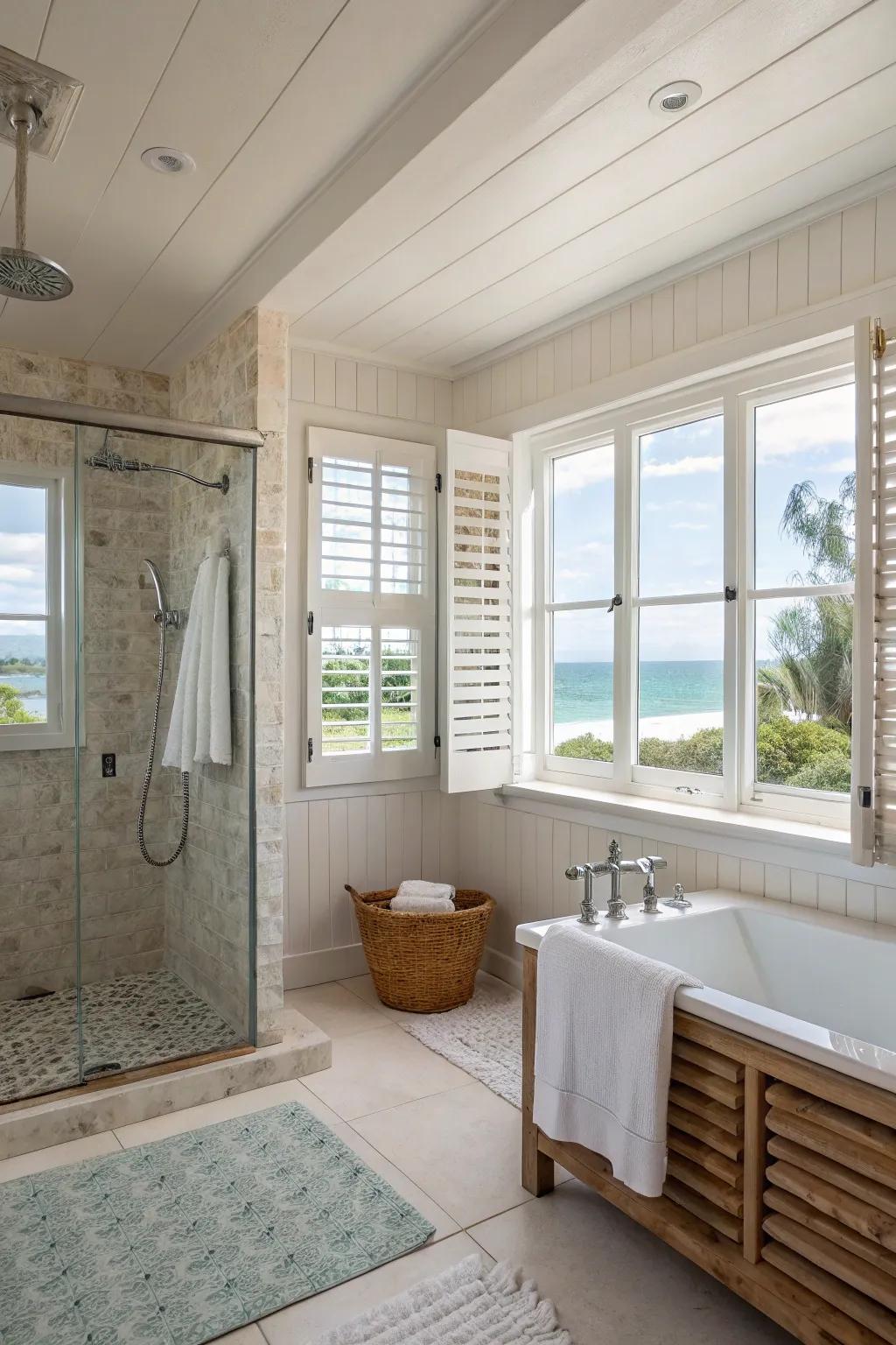 Shutters provide a coastal vibe and adjustable light in the shower.