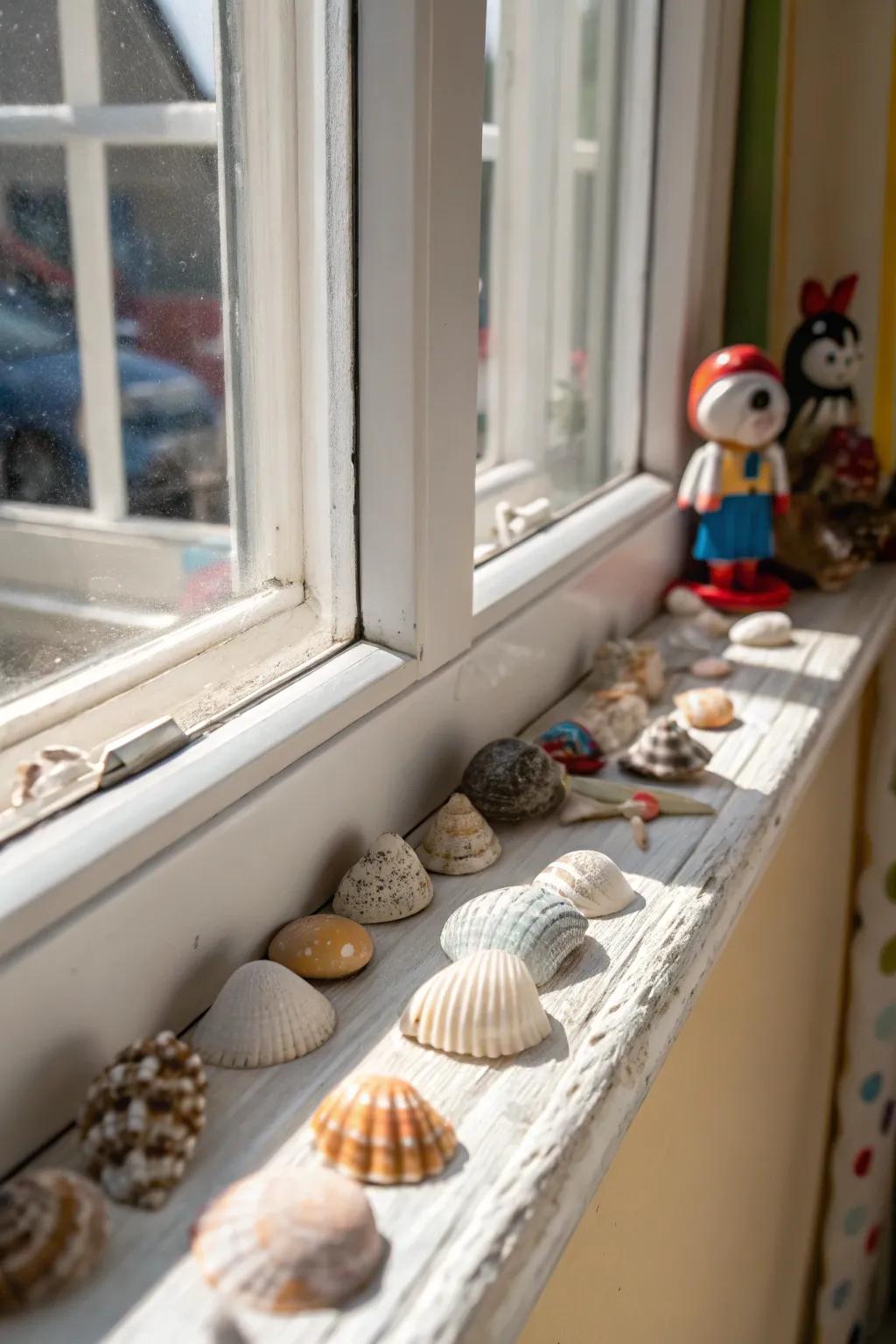 A personal collection of seashells and figurines on a window sill.