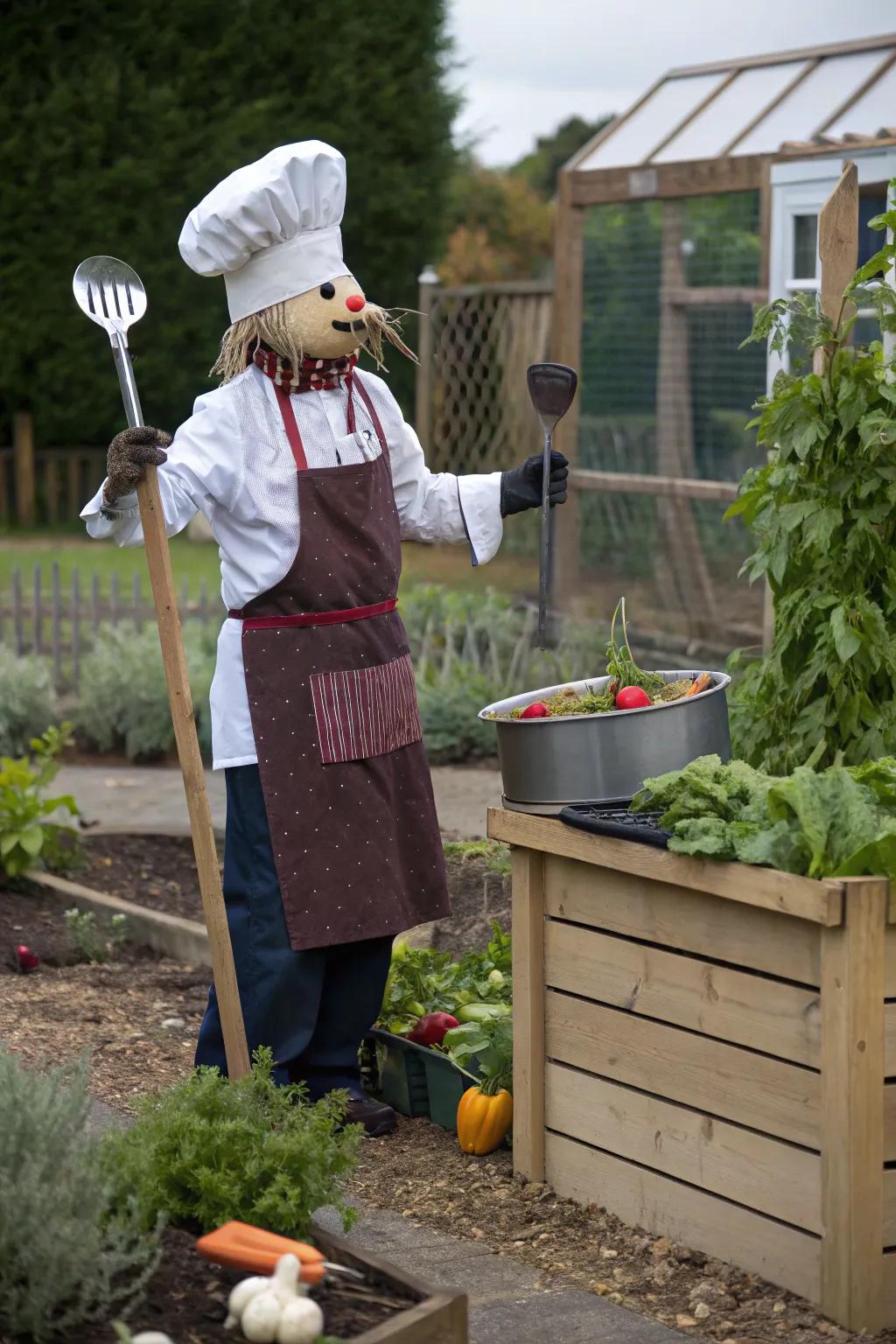 A chef extraordinaire scarecrow cooking up creativity.