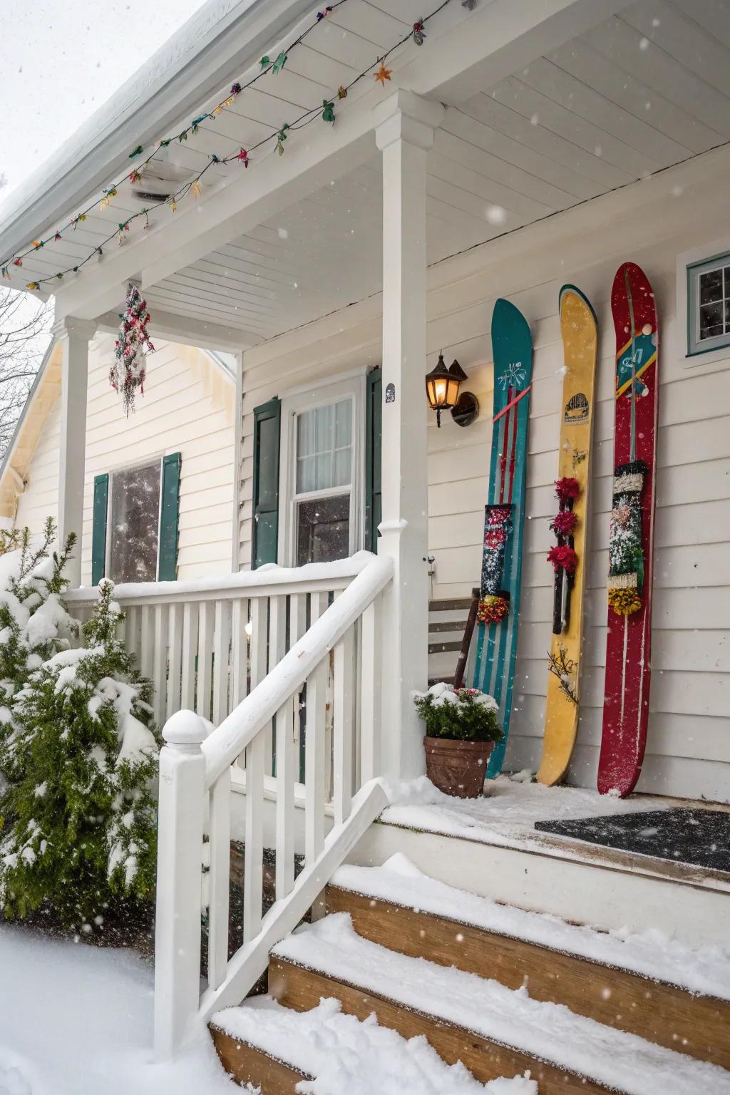 Upcycled skis add a playful touch to this winter porch.