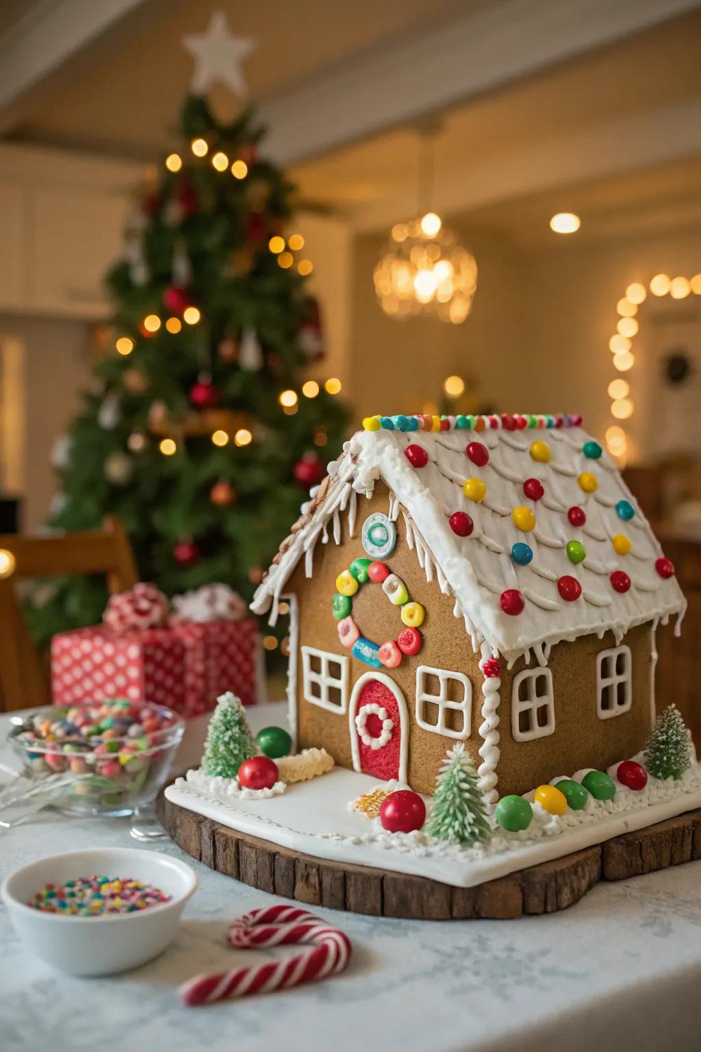 A gingerbread house becomes a festive and edible centerpiece.