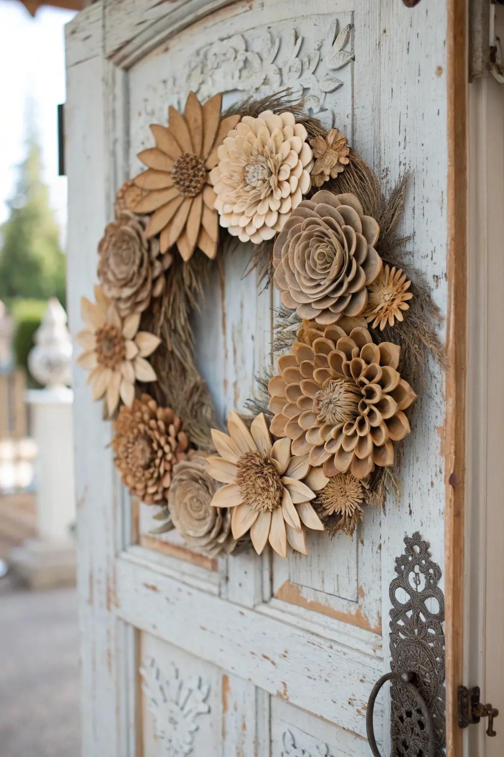 Wooden flowers offer a sustainable and beautiful wreath option.