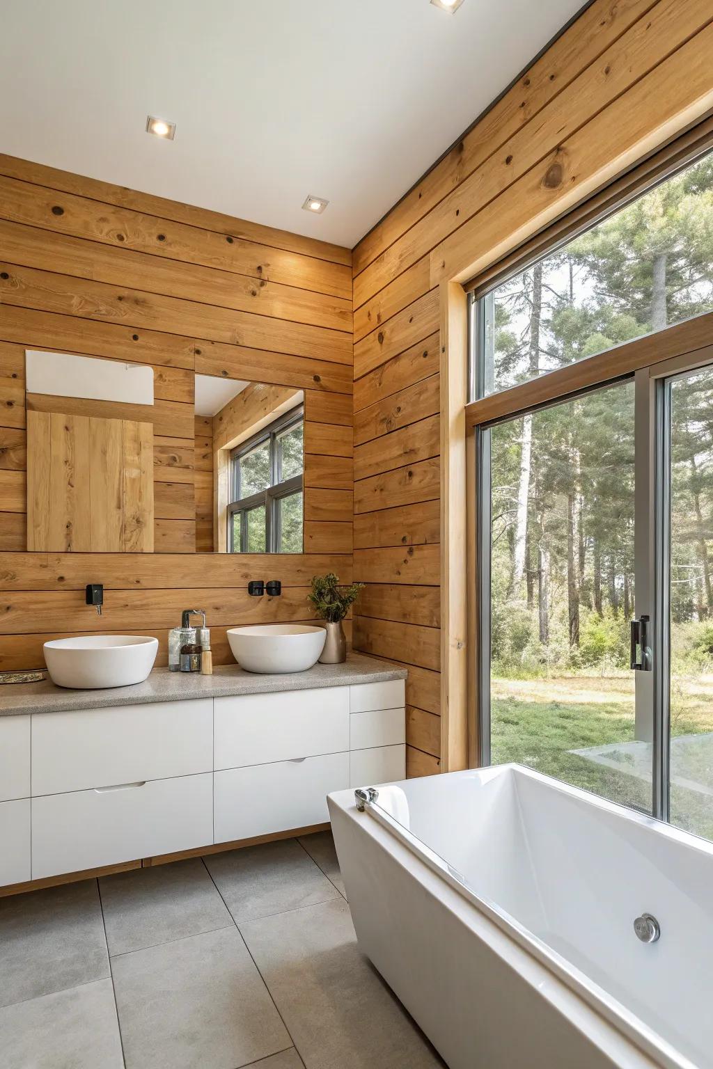 A spa-like bathroom with a relaxing wood accent wall.