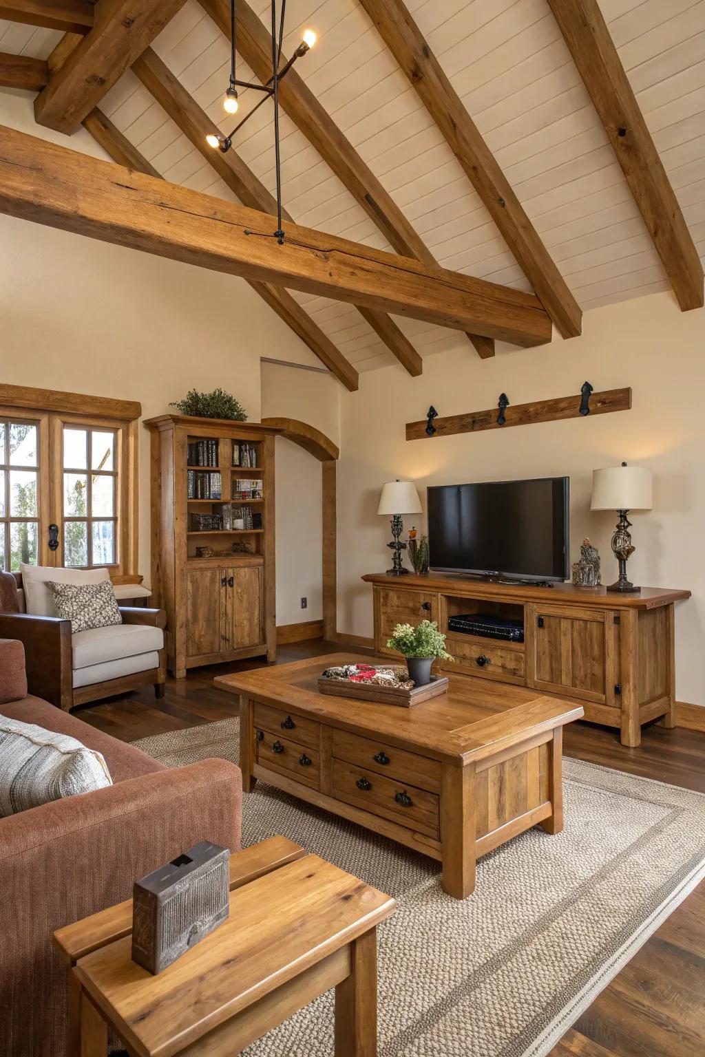 Richly textured living room with varied wood tones.