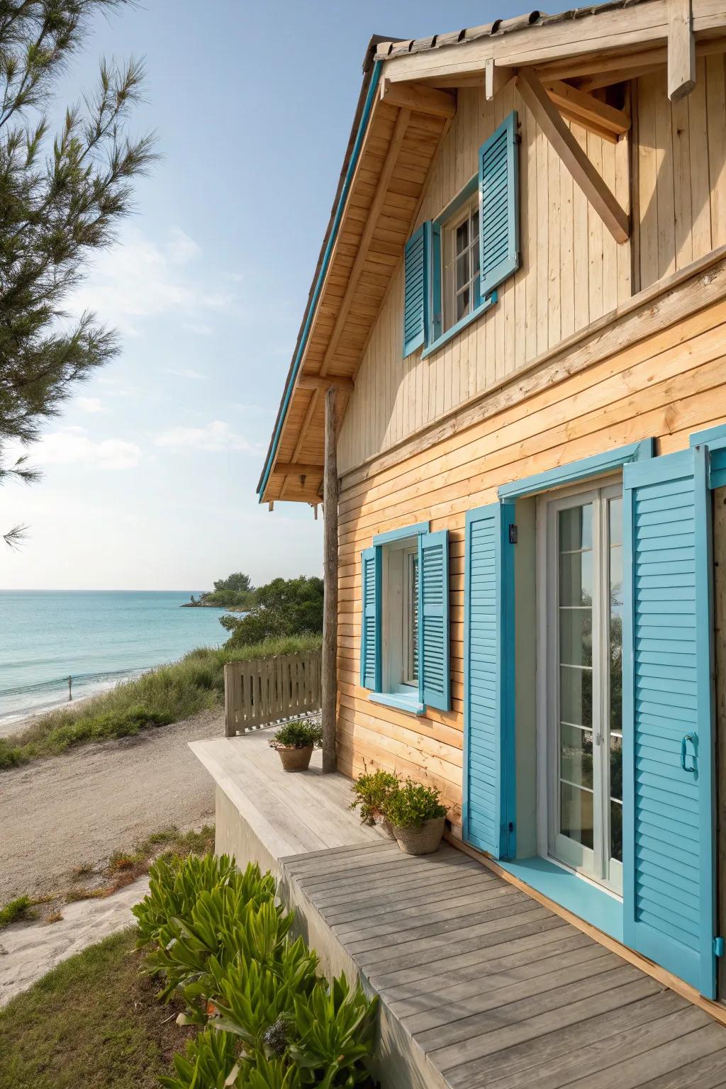 A wooden house that embodies cool coastal vibes with its serene color palette.