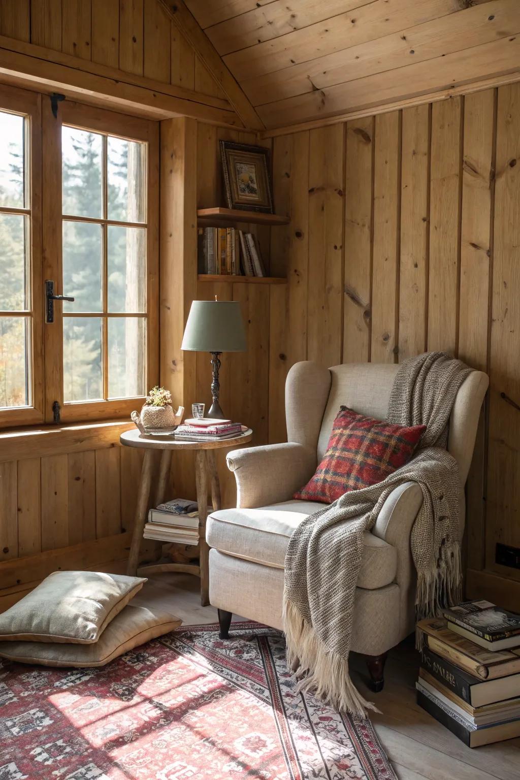 A reading nook with cozy wood paneling.