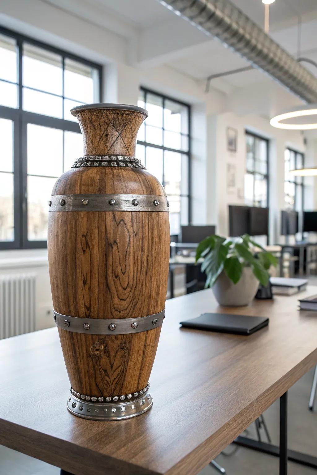 Achieve a modern rustic look with metal-accented wooden vases.