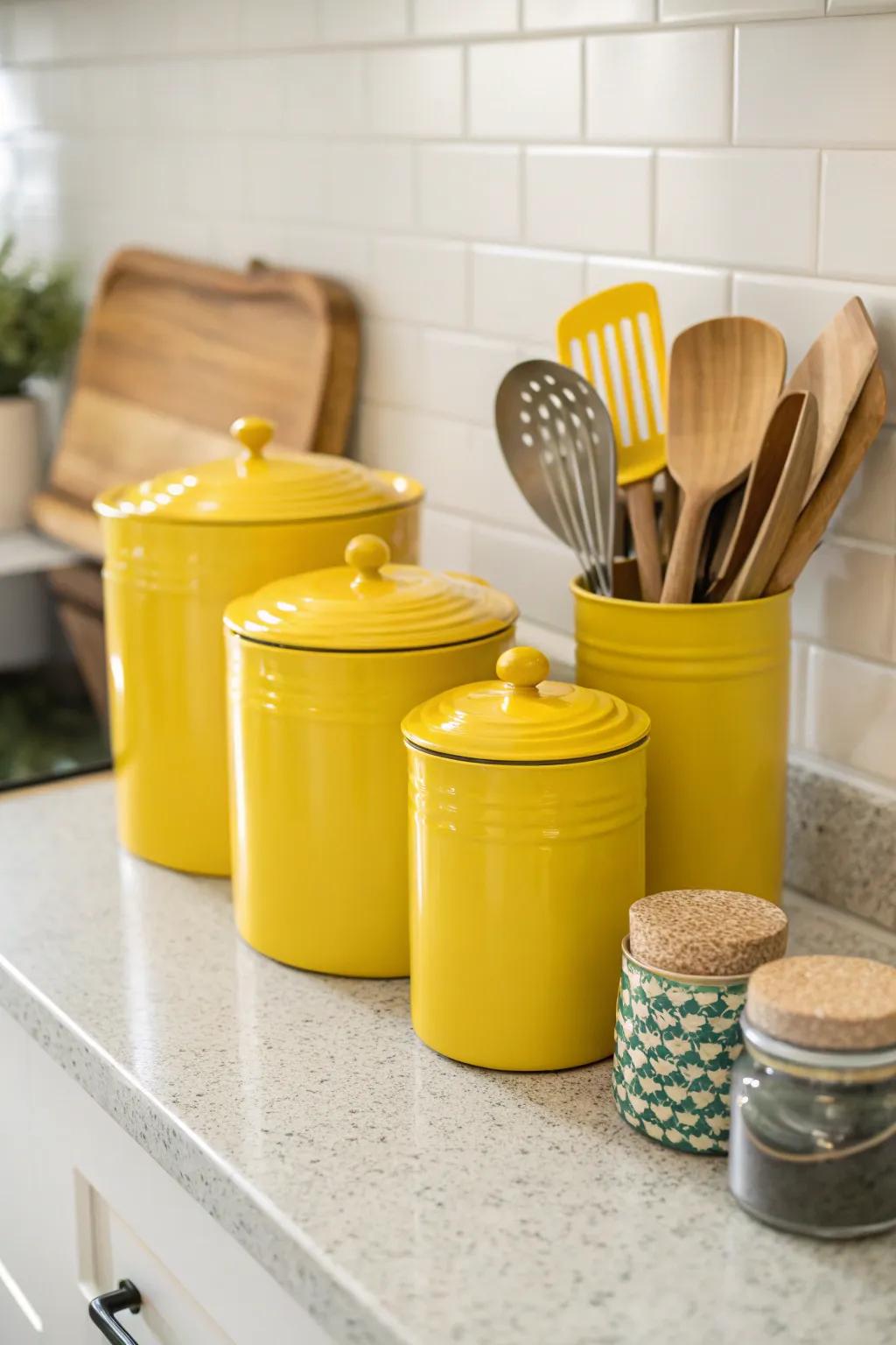 Yellow countertop accents bring a cohesive sunny theme.