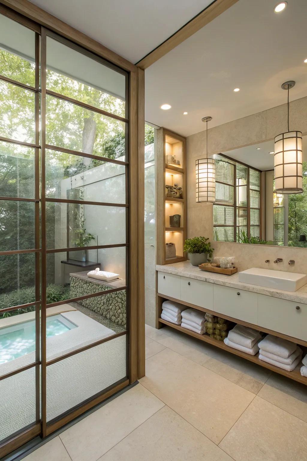 Glass elements enhance the flow and clarity of a zen bathroom.