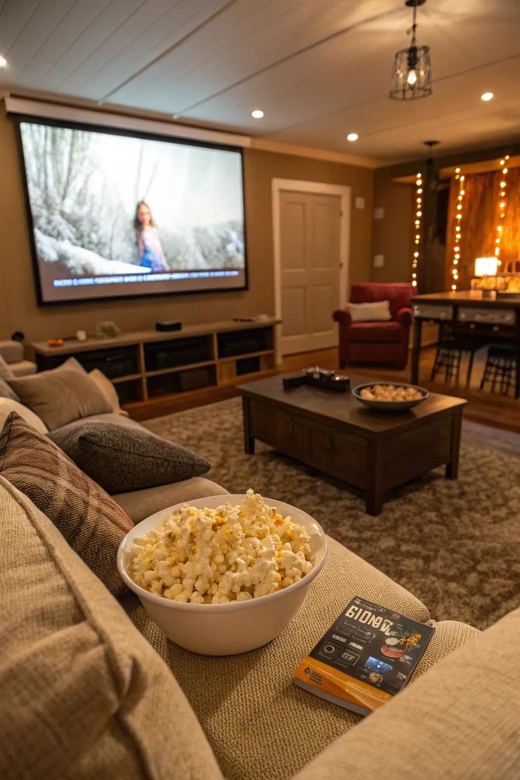 A cozy setup for a movie marathon night with friends.