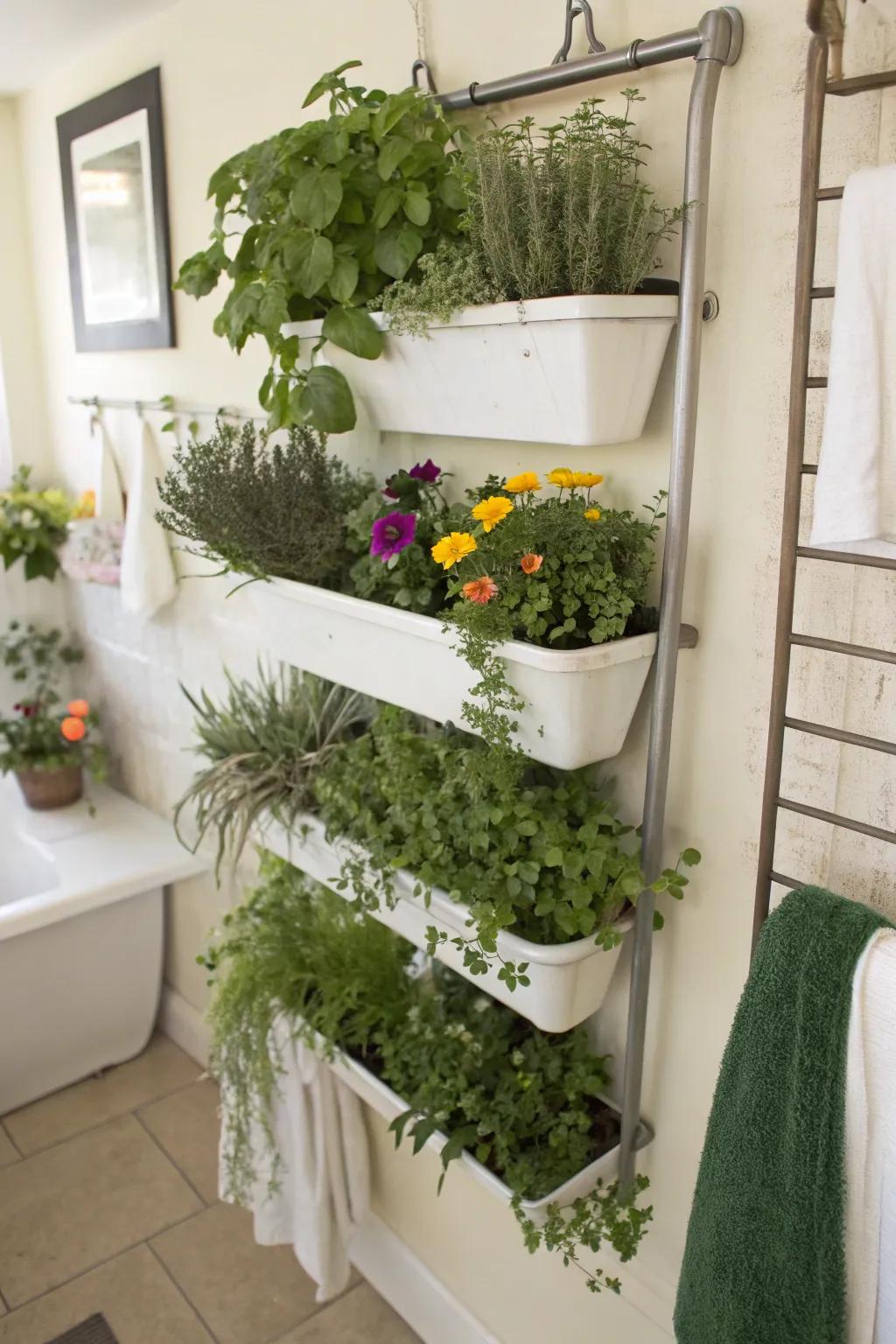 A bath organizer transformed into a charming vertical planter.