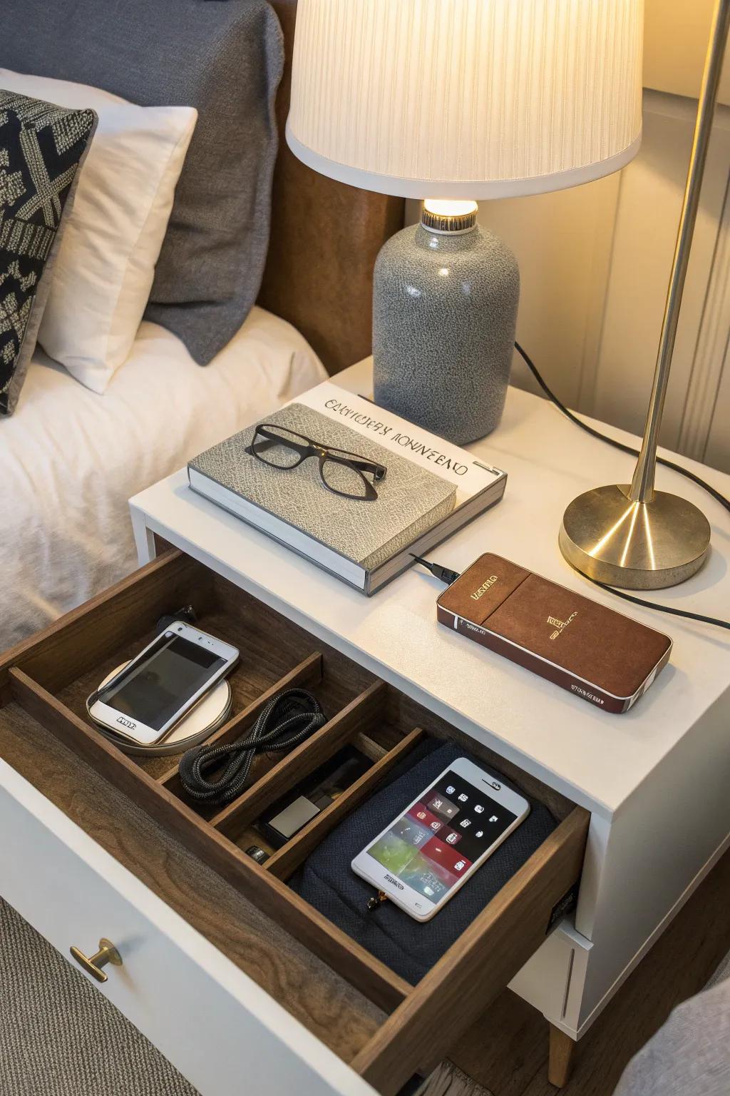 Tech-friendly features keep gadgets organized and accessible.