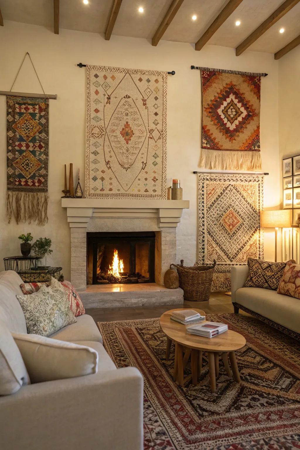 Textile art adds a soft and bohemian touch above the fireplace.