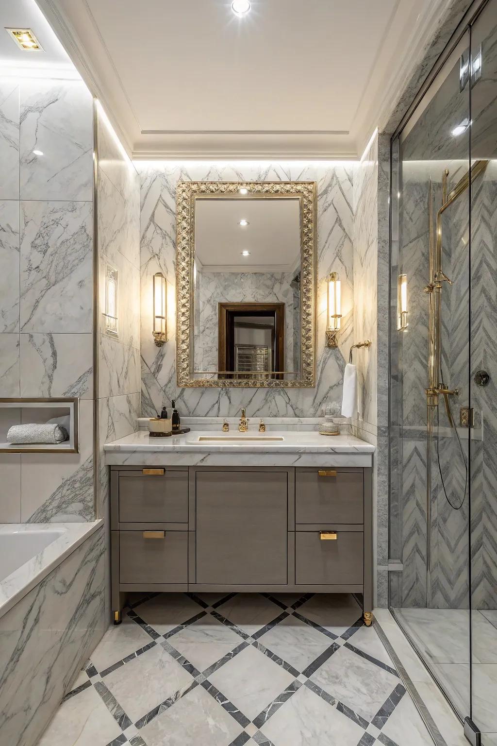 Marble-look tiles add elegance and luxury.