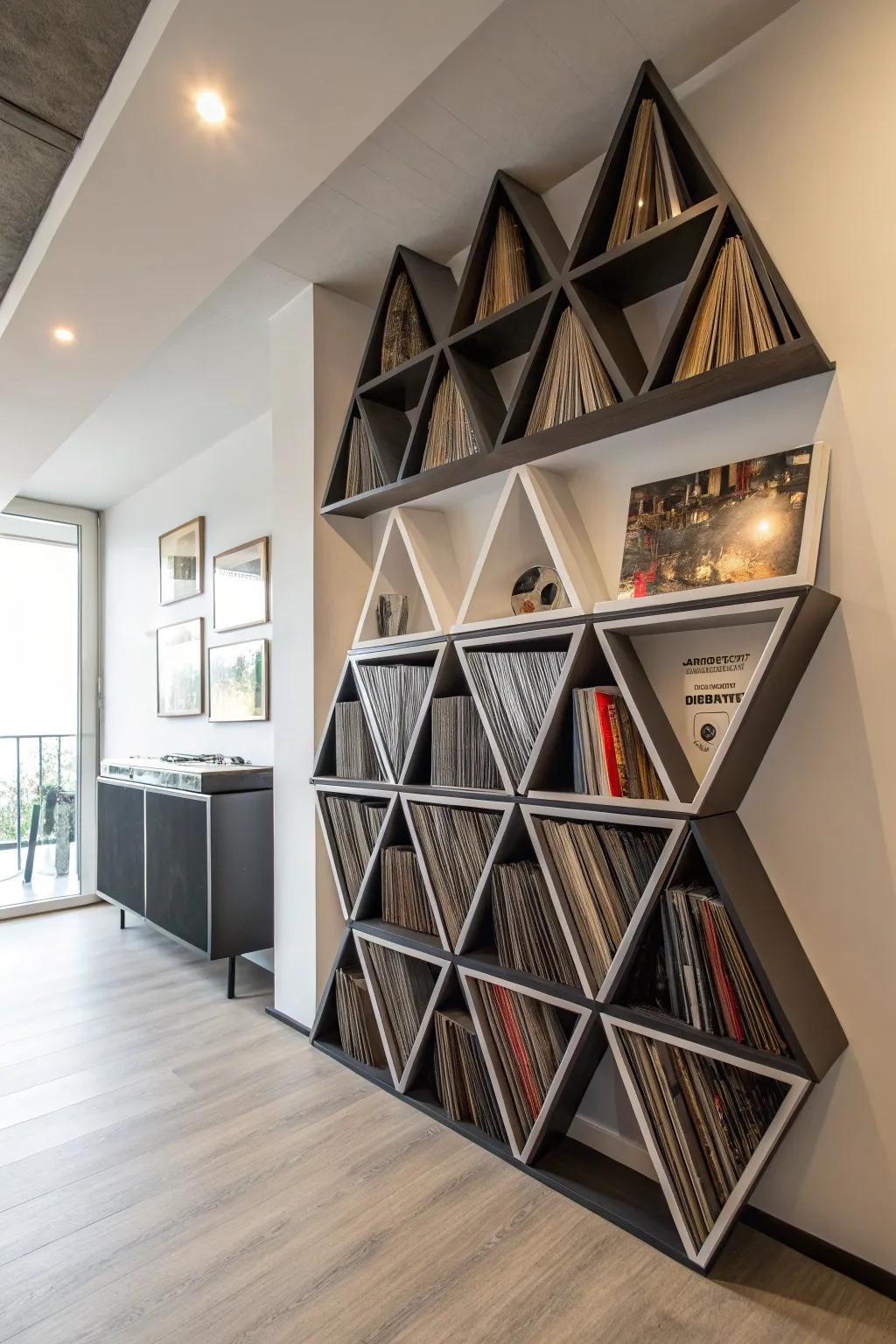 Geometric shelves adding a modern twist to vinyl record storage.