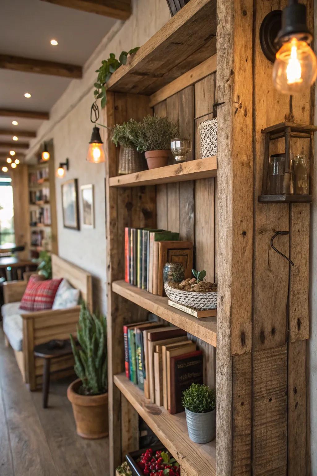 Add rustic charm with reclaimed wood shelves.