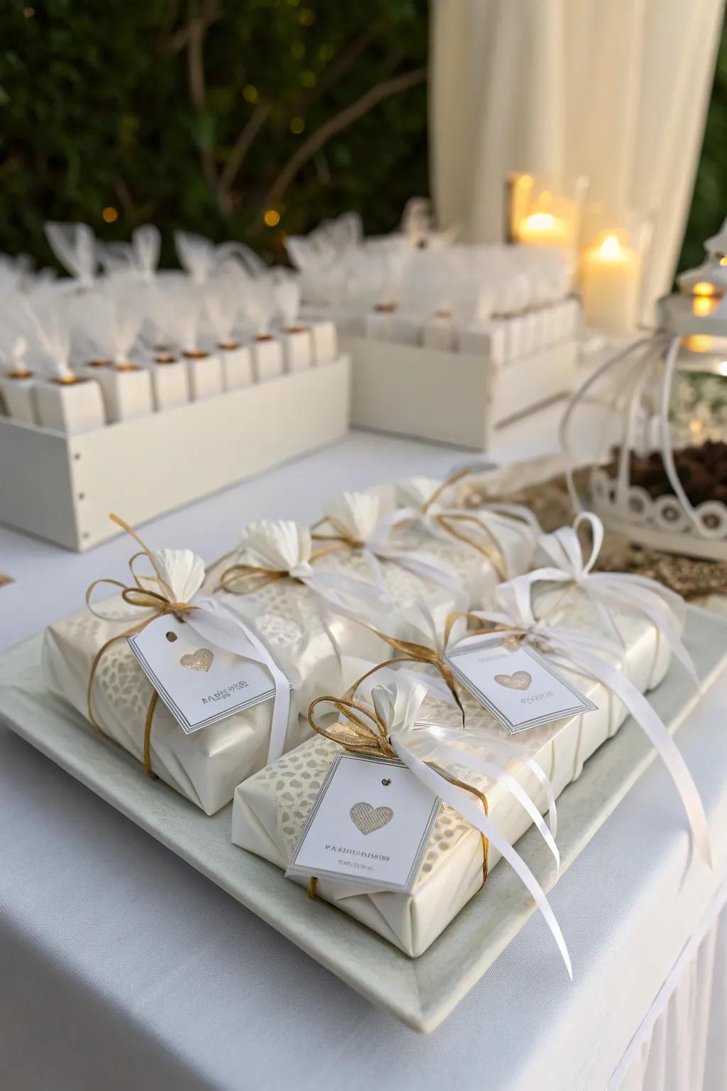 White-themed party favors offer a heartfelt farewell to guests.