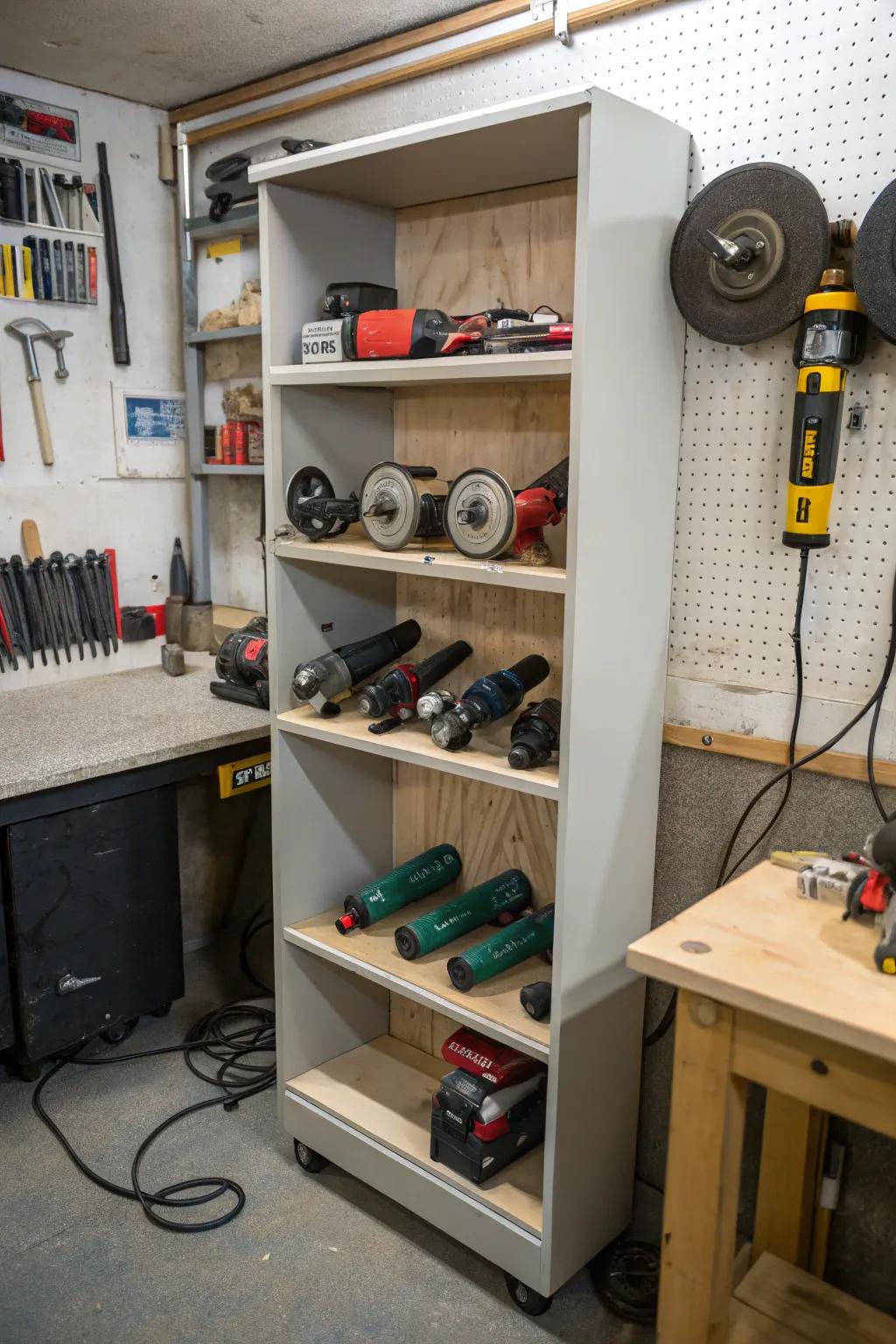 Strategically placed corner shelf unit for tool storage.