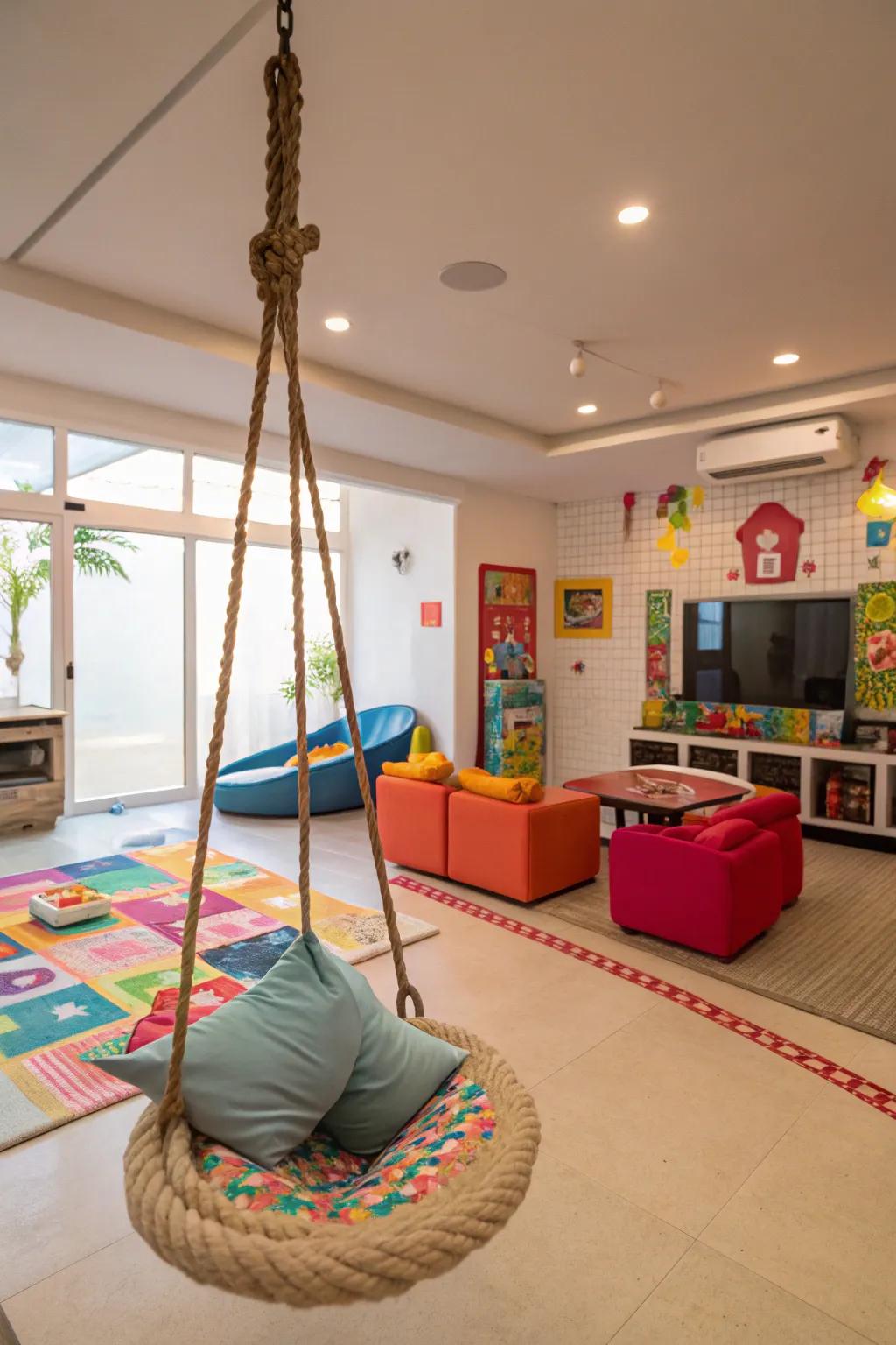 An indoor swing adds a playful and unexpected element to your game room.