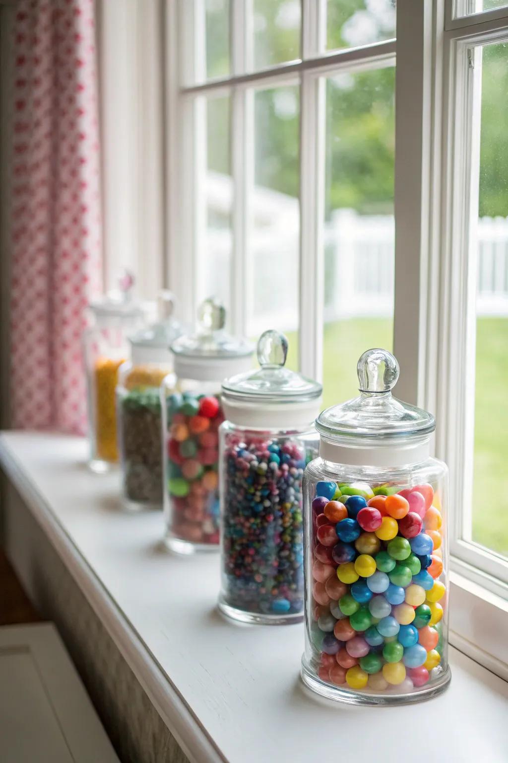 Vibrant collections in apothecary jars add a splash of color.