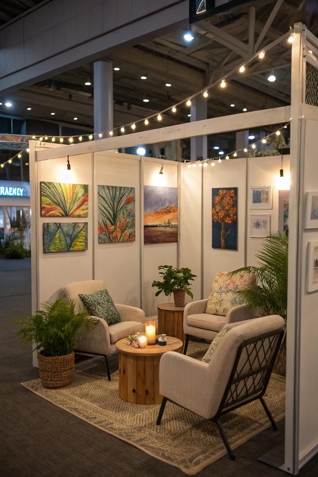 A welcoming seating area within the art booth.