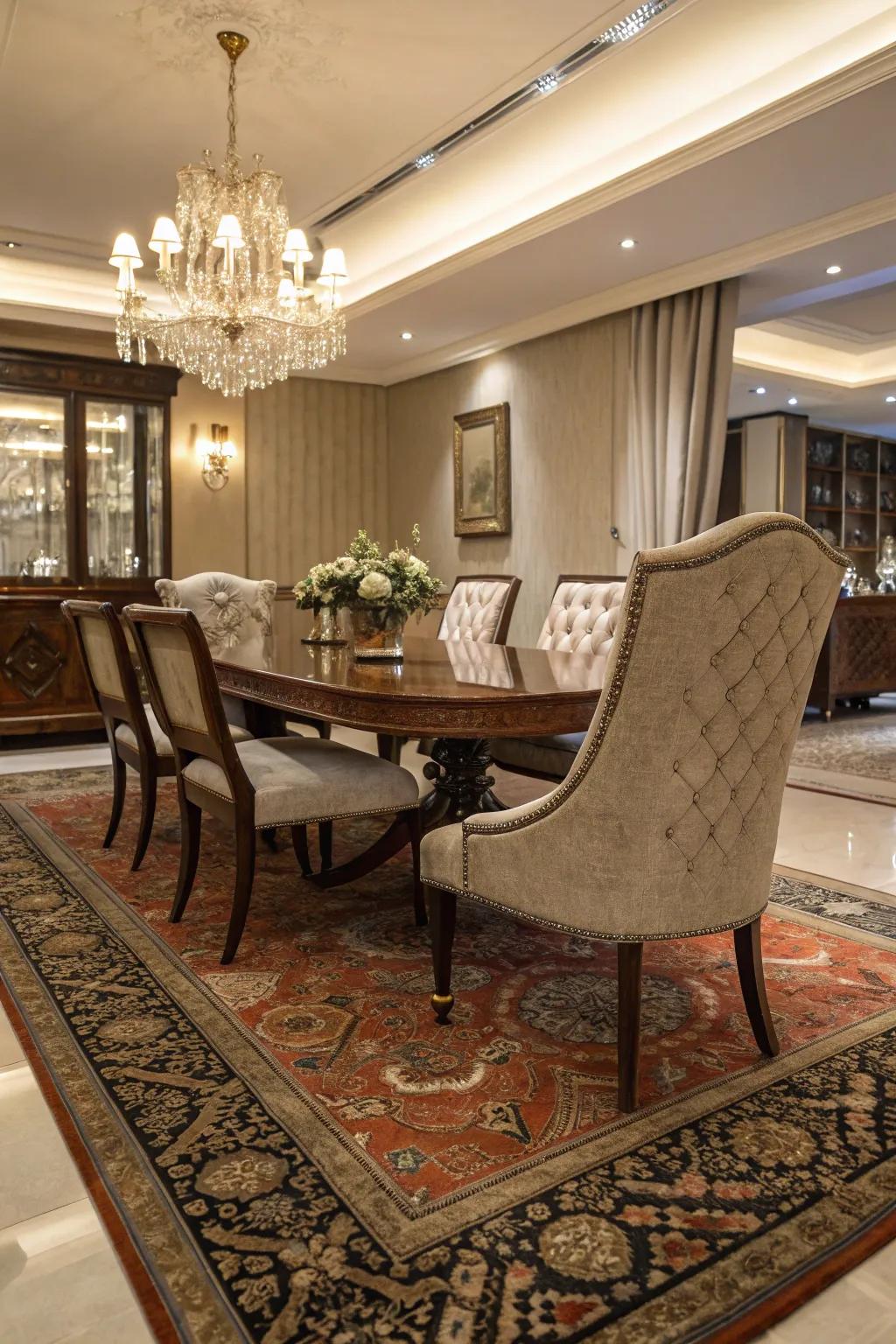Oriental rugs adding depth and artistic flair to the dining area.