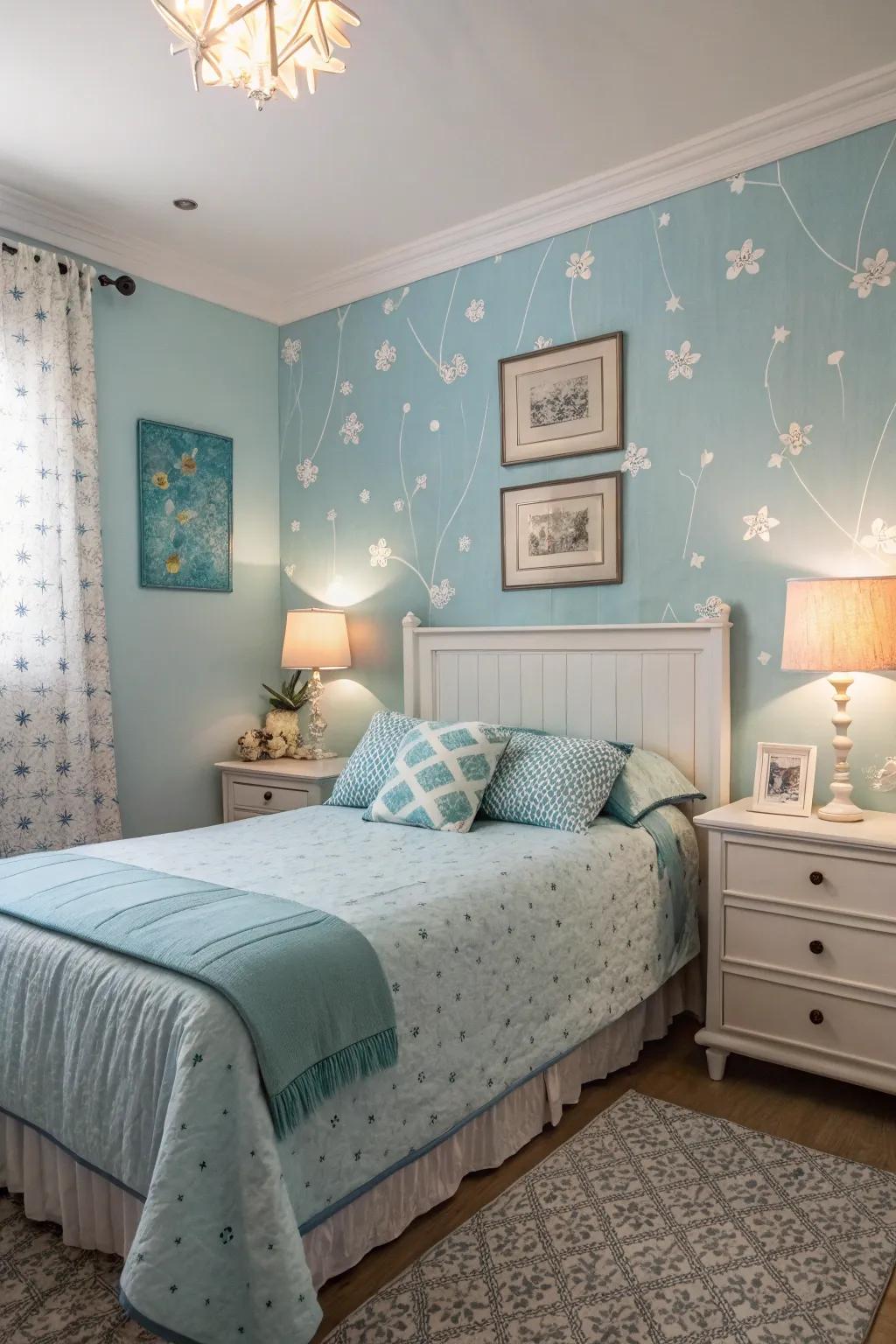 Soft lighting complements the tranquility of a baby blue bedroom.