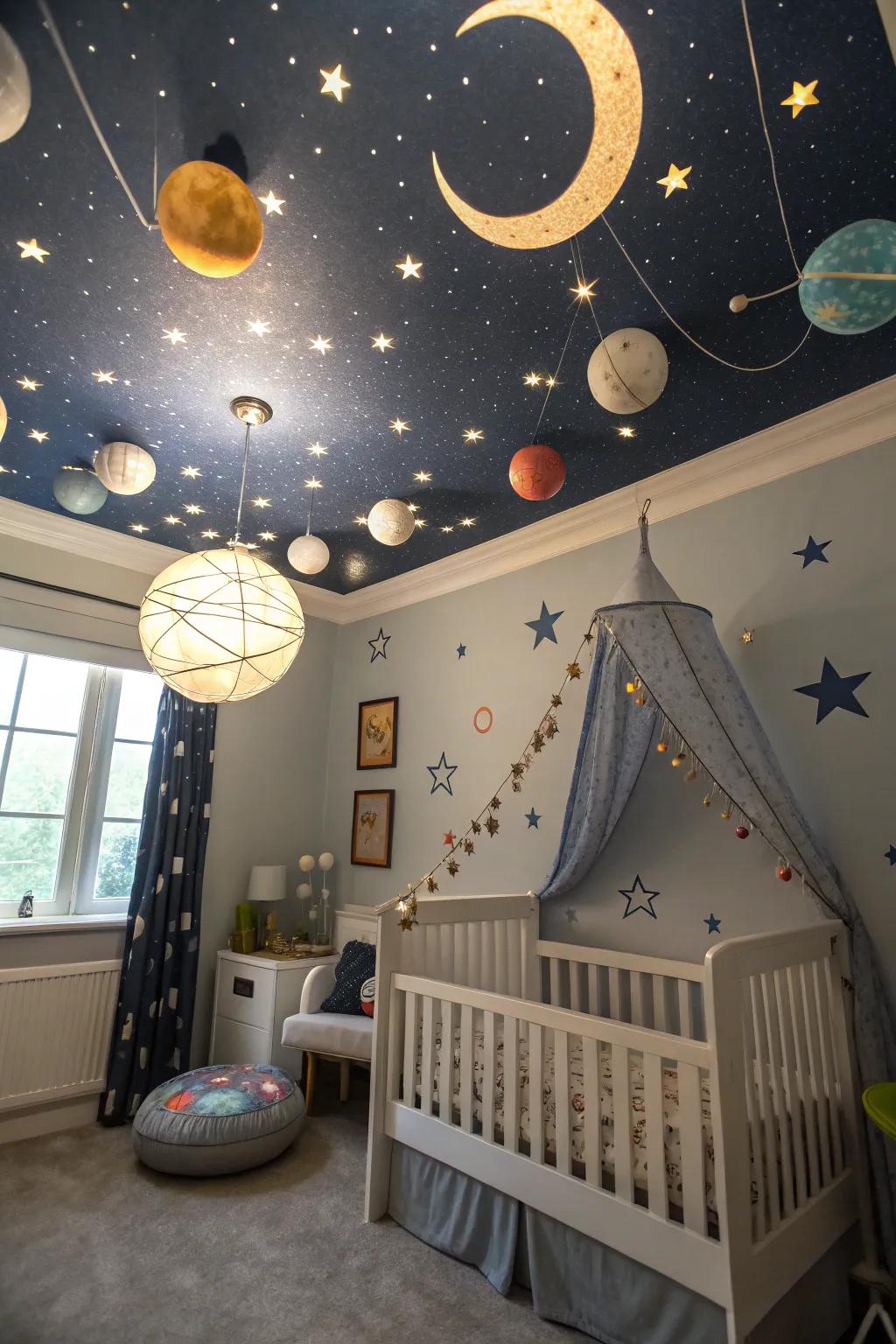 Embark on a cosmic journey with a space-themed nursery.