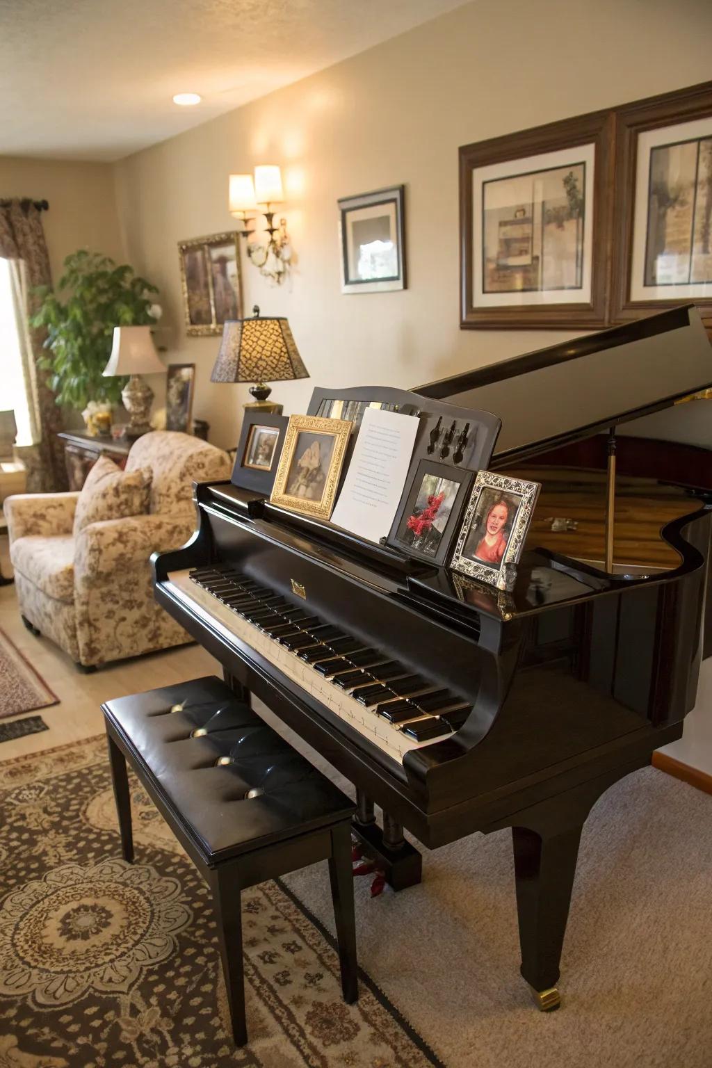 Personal touches make the piano area uniquely yours.