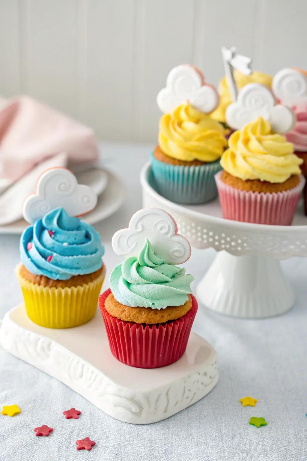 Cloud-topped cupcakes for a dreamy, whimsical baby shower.
