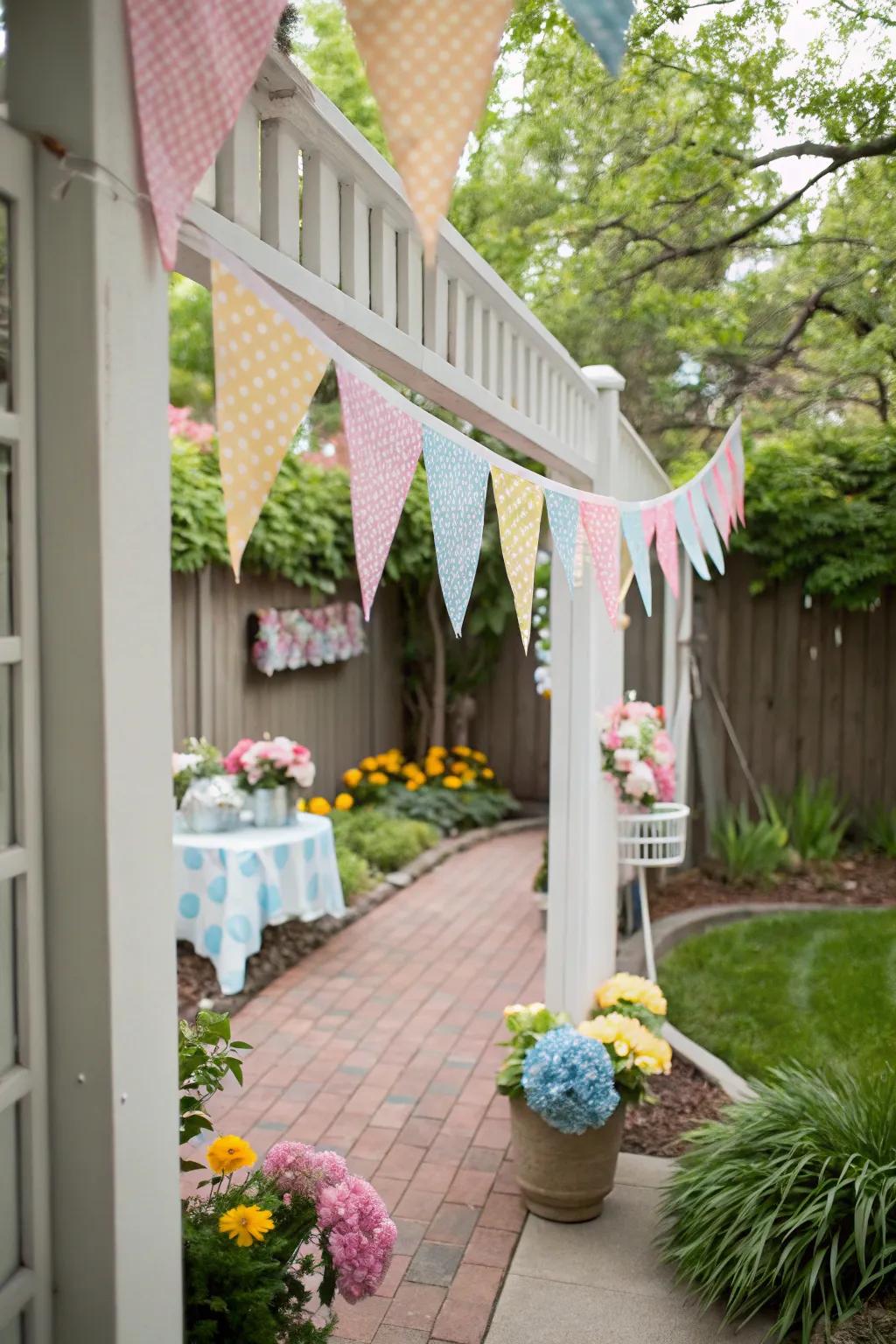 Colorful bunting brings a festive spirit to the entrance decor.