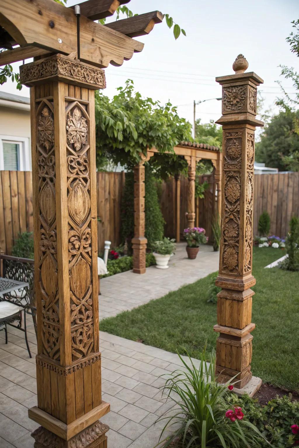 Add personality with intricately carved wooden posts.