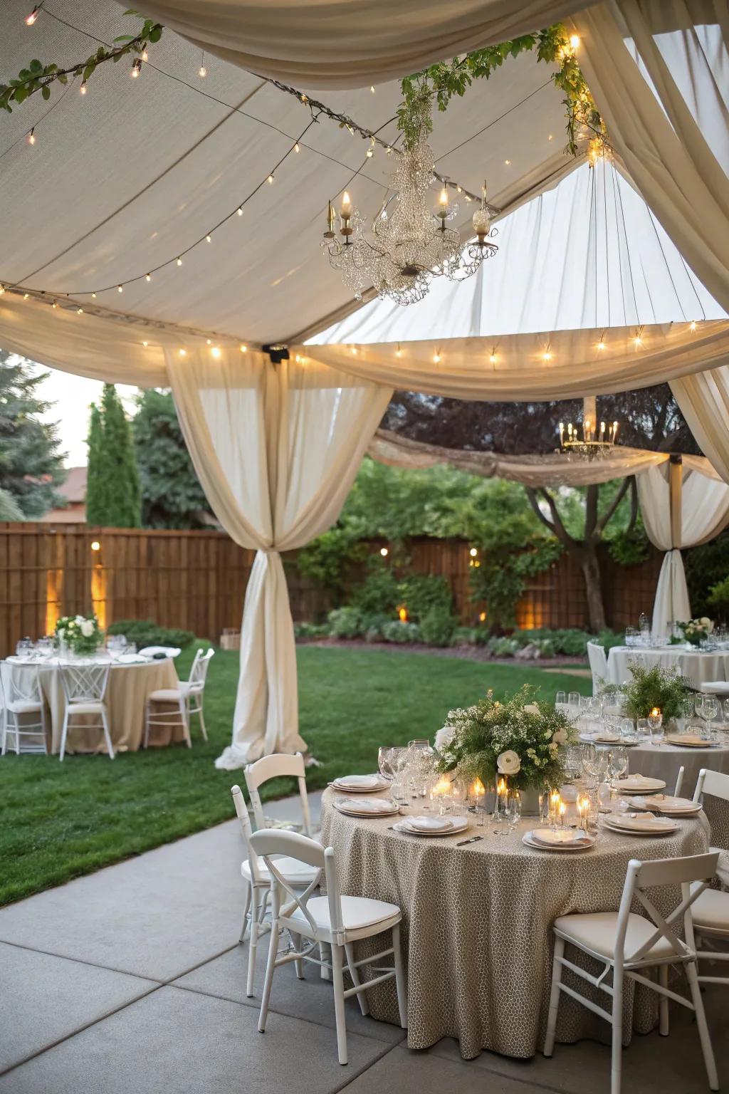 A chic tent pavilion provides shade and elegance to the wedding setup.